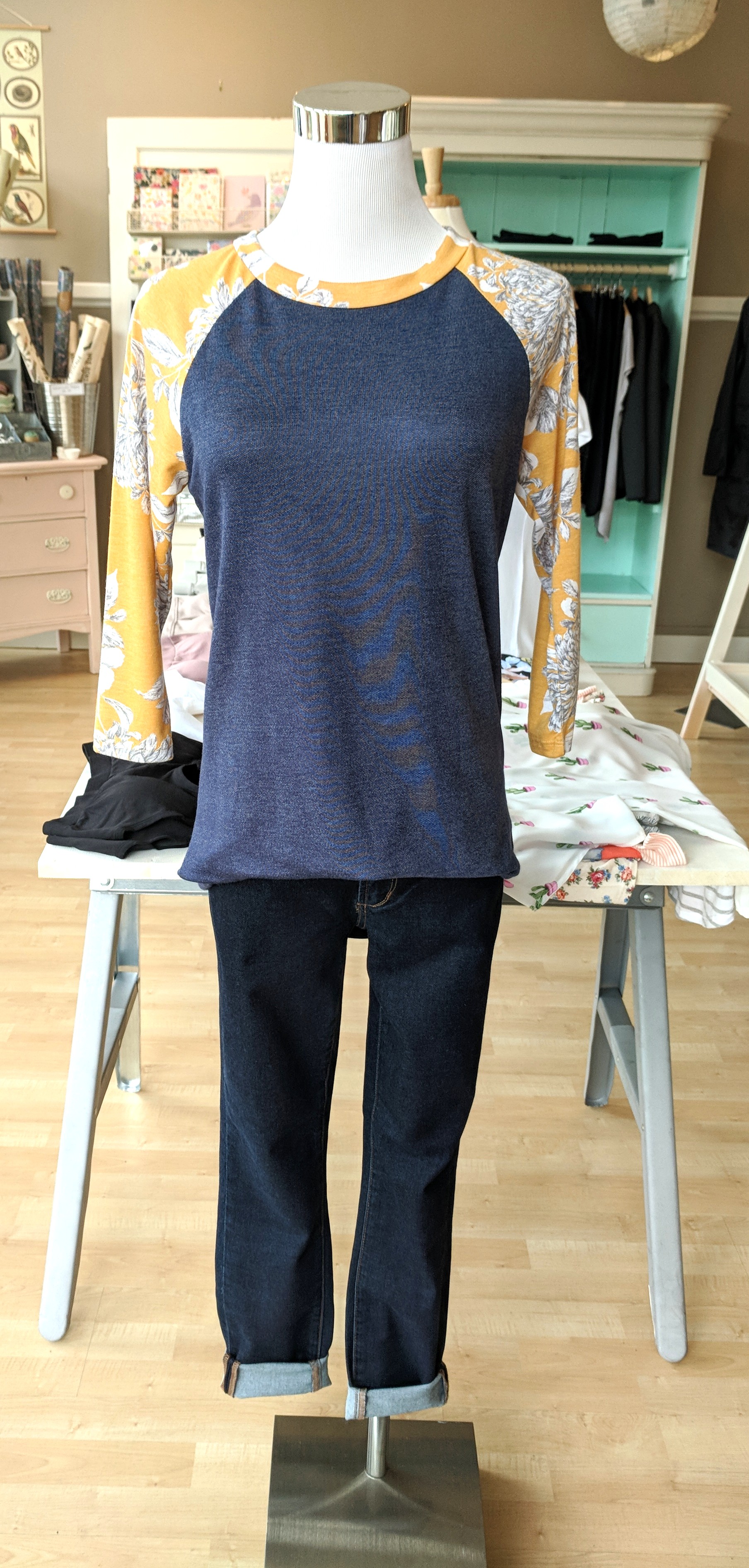 2 tone Navy and Yellow 3/4 sleeve baseball tee $32