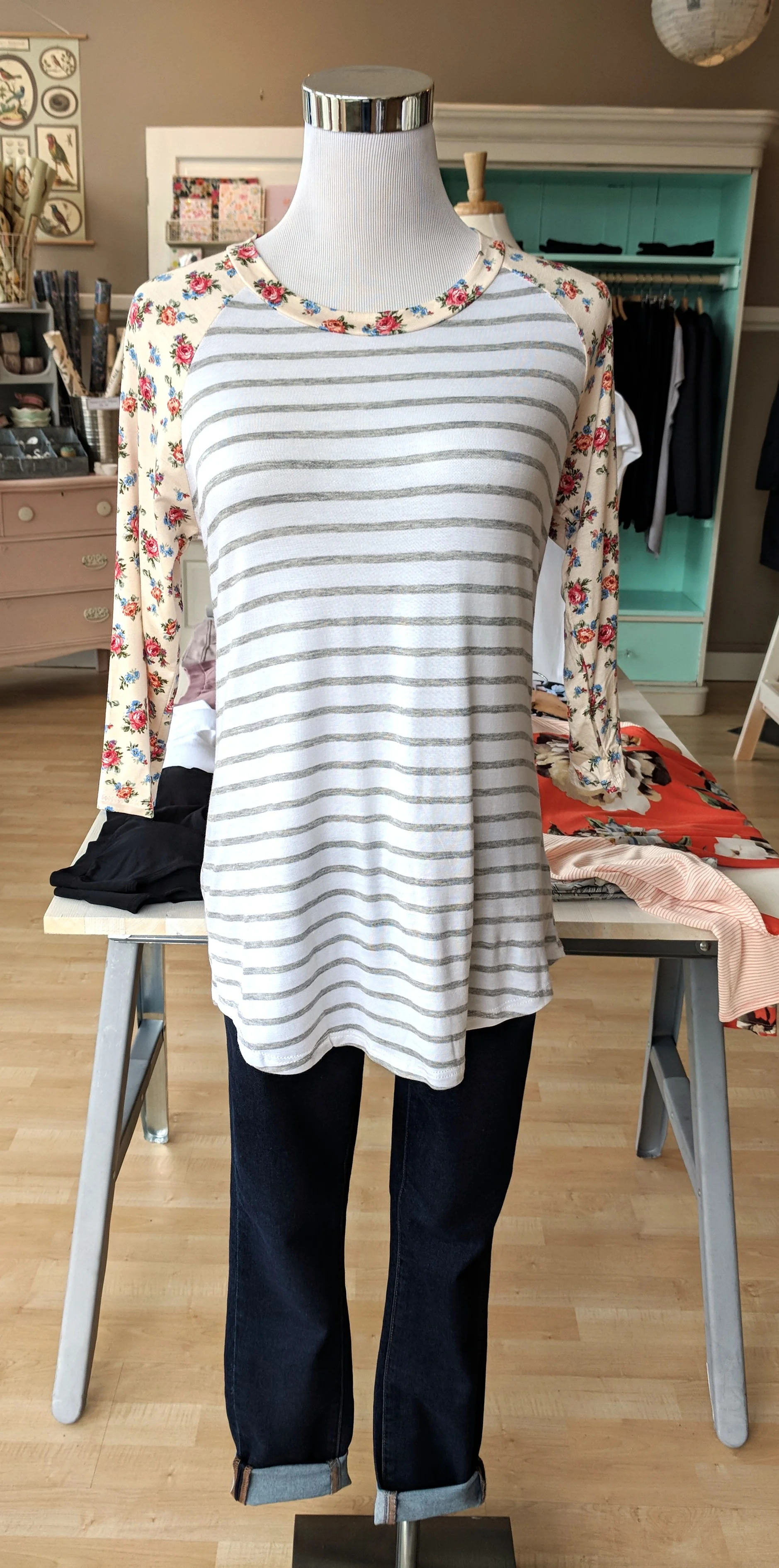 Stripe and Floral print baseball tee $28