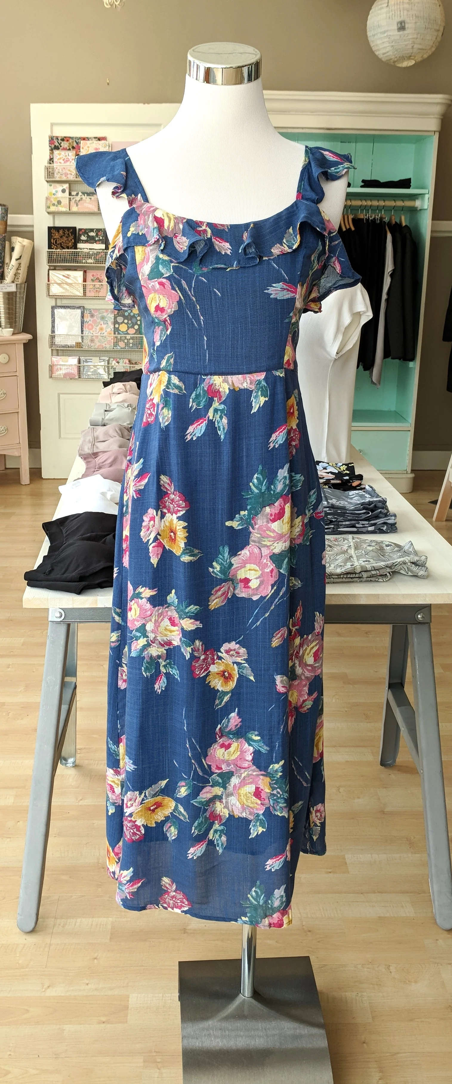 Blue floral midi dress with tie back $64