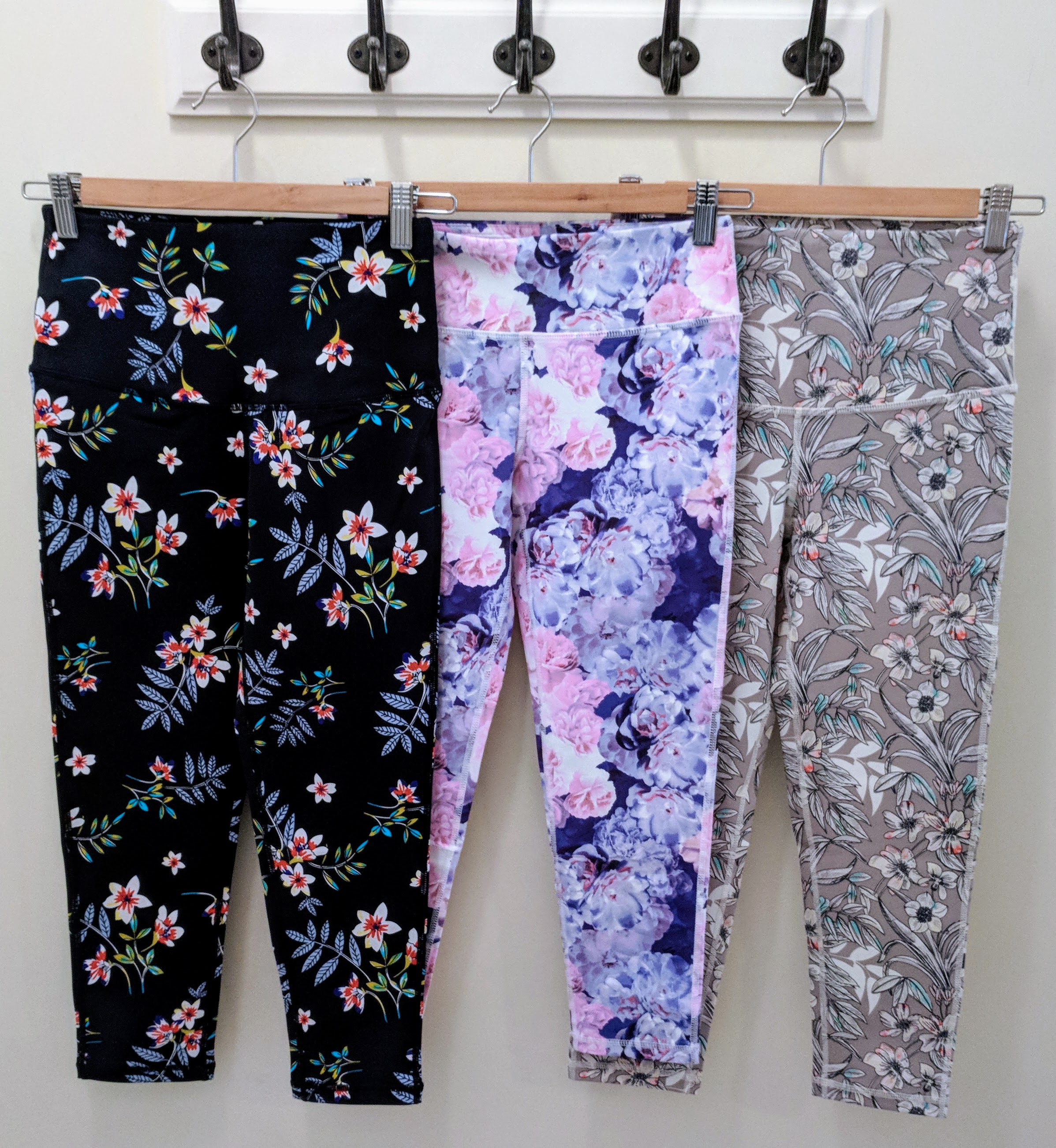 Navy Cherry-Blossom crop legging $35, Flower Power crop legging $34, Poppy print crop legging $35