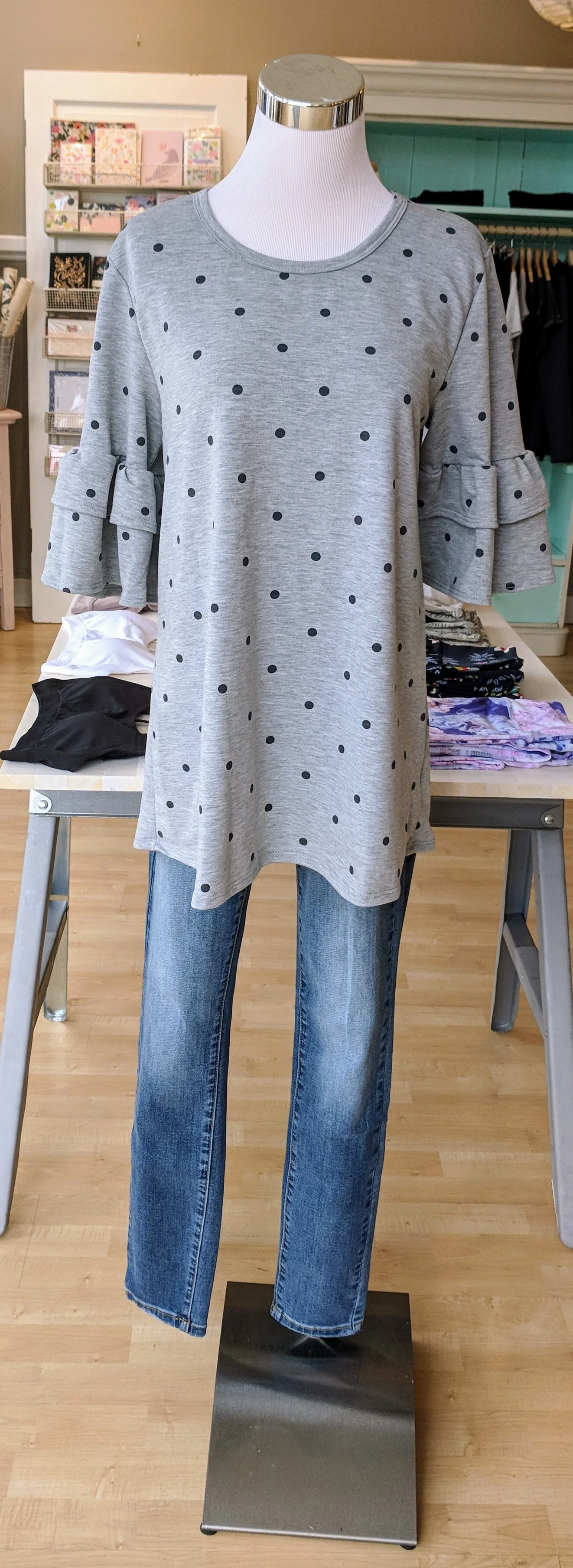 Grey polka dot top with bell sleeves $34
