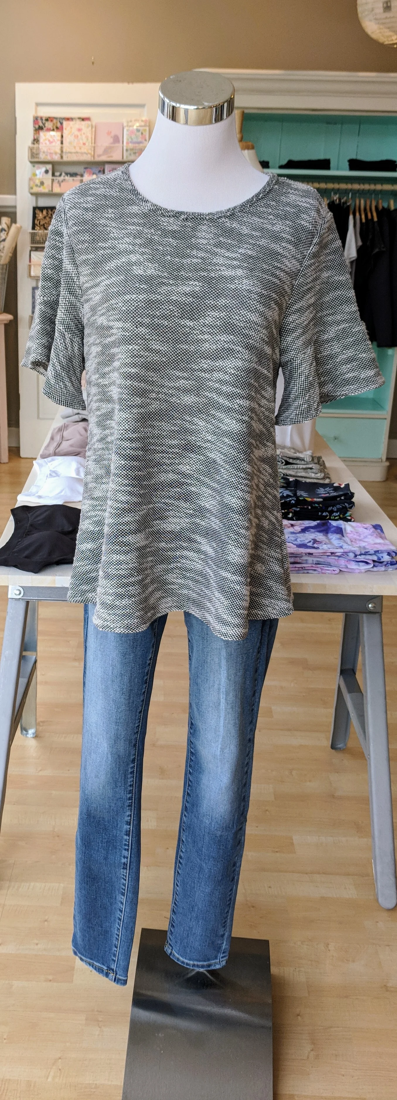 Charcoal and white bell sleeve top $32