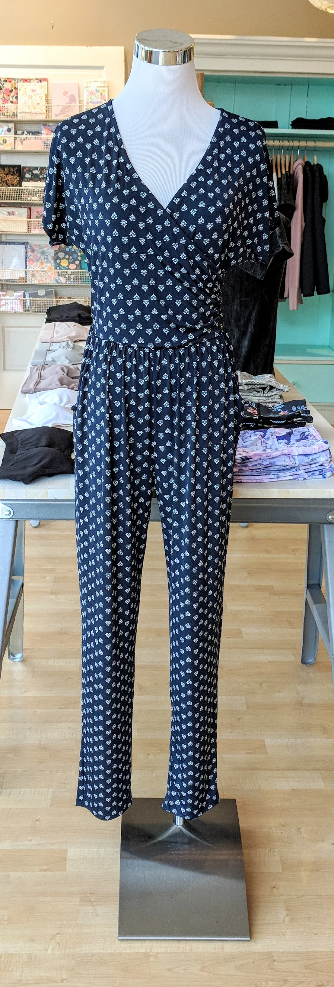 Navy Printed Jumpsuit $52
