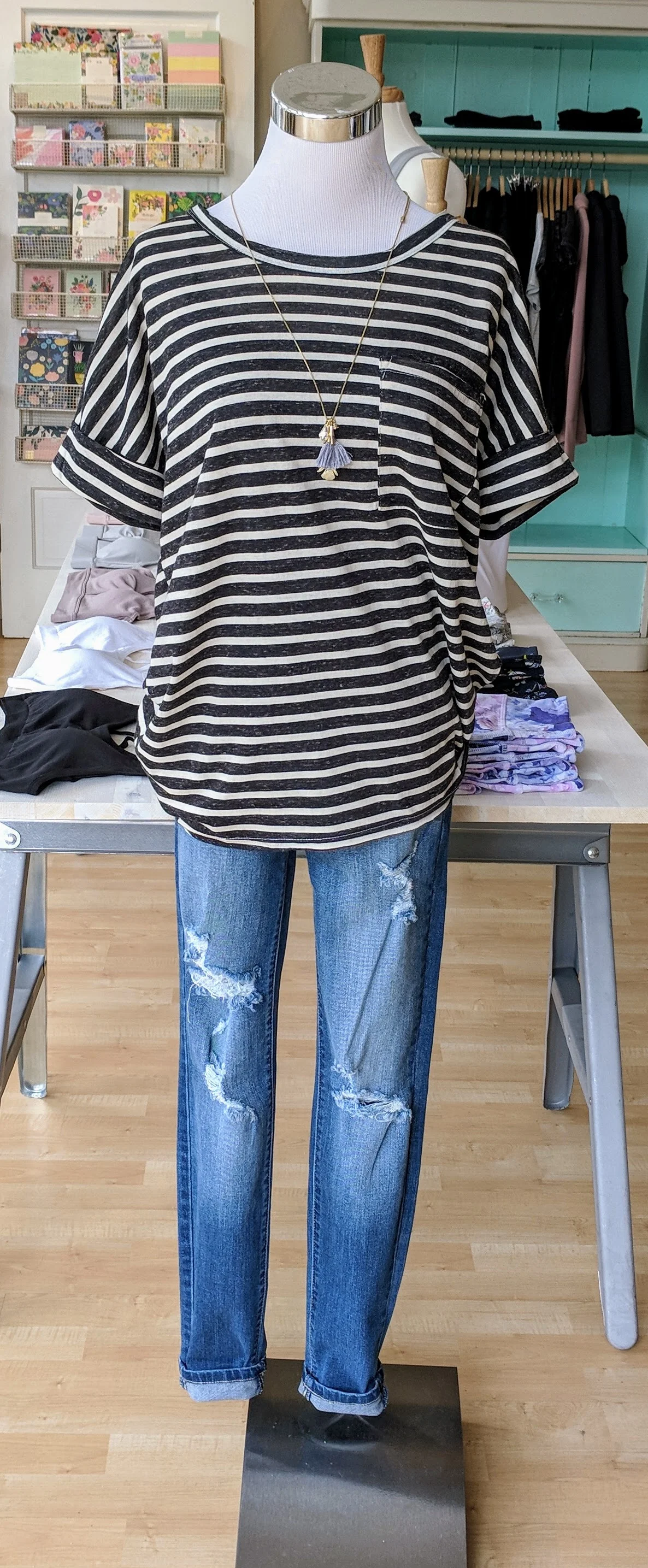 Basic Striped top w/ Chest Pocket, Black