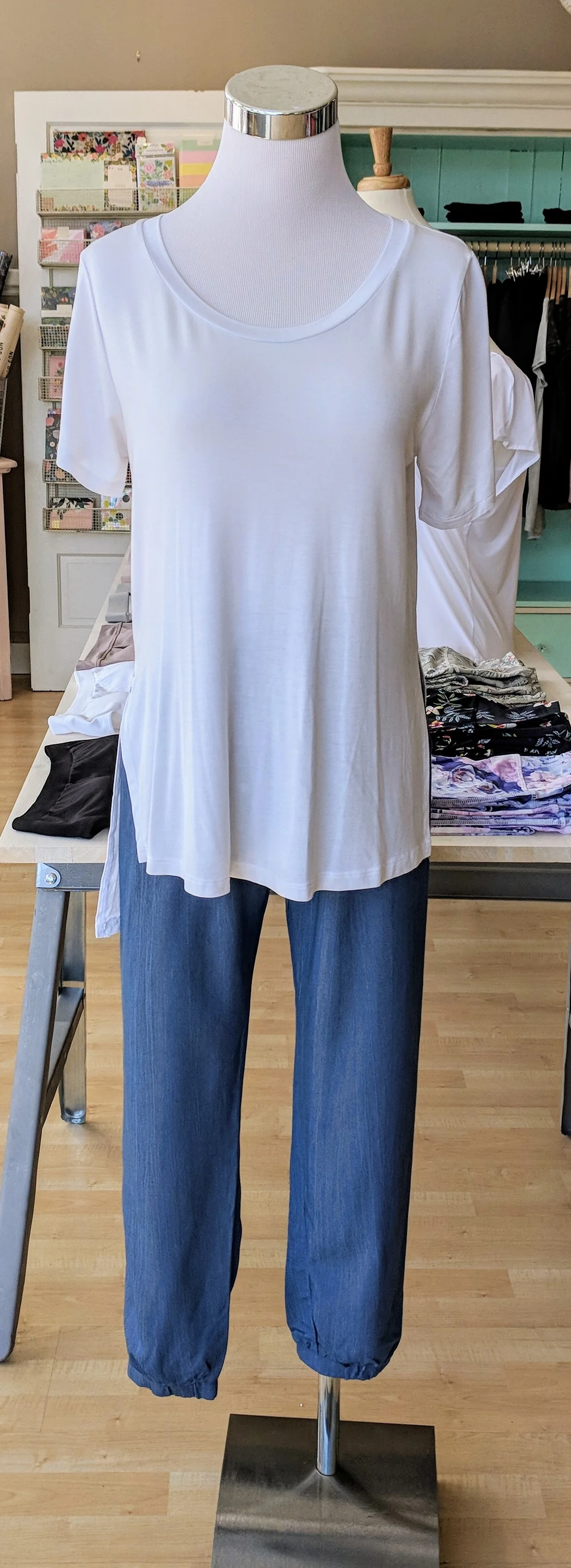 Round Neck Short Sleeve Tee w/ Side Slit paired with Basic, Soft Capri Joggers 