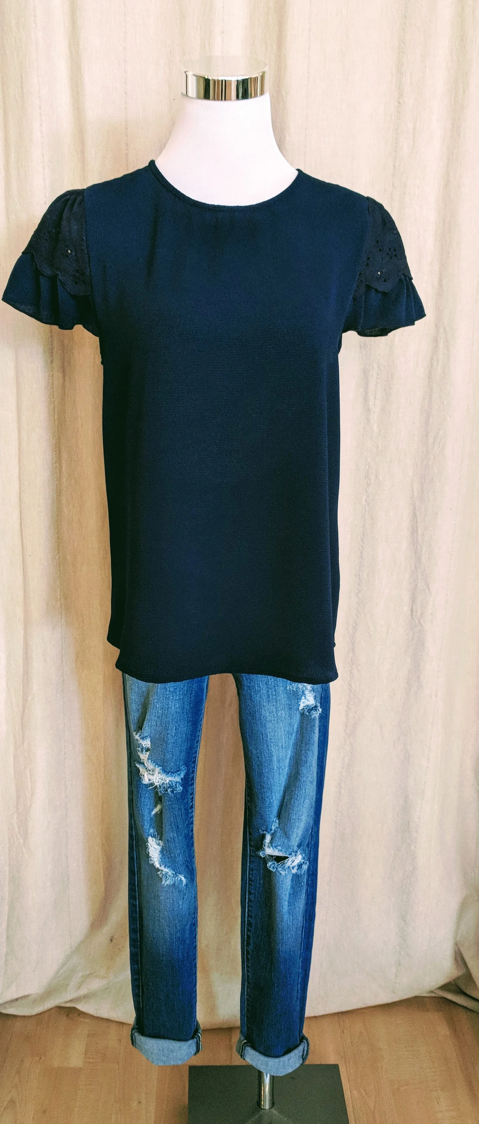 Navy short sleeve with Lace detail on shoulder $28