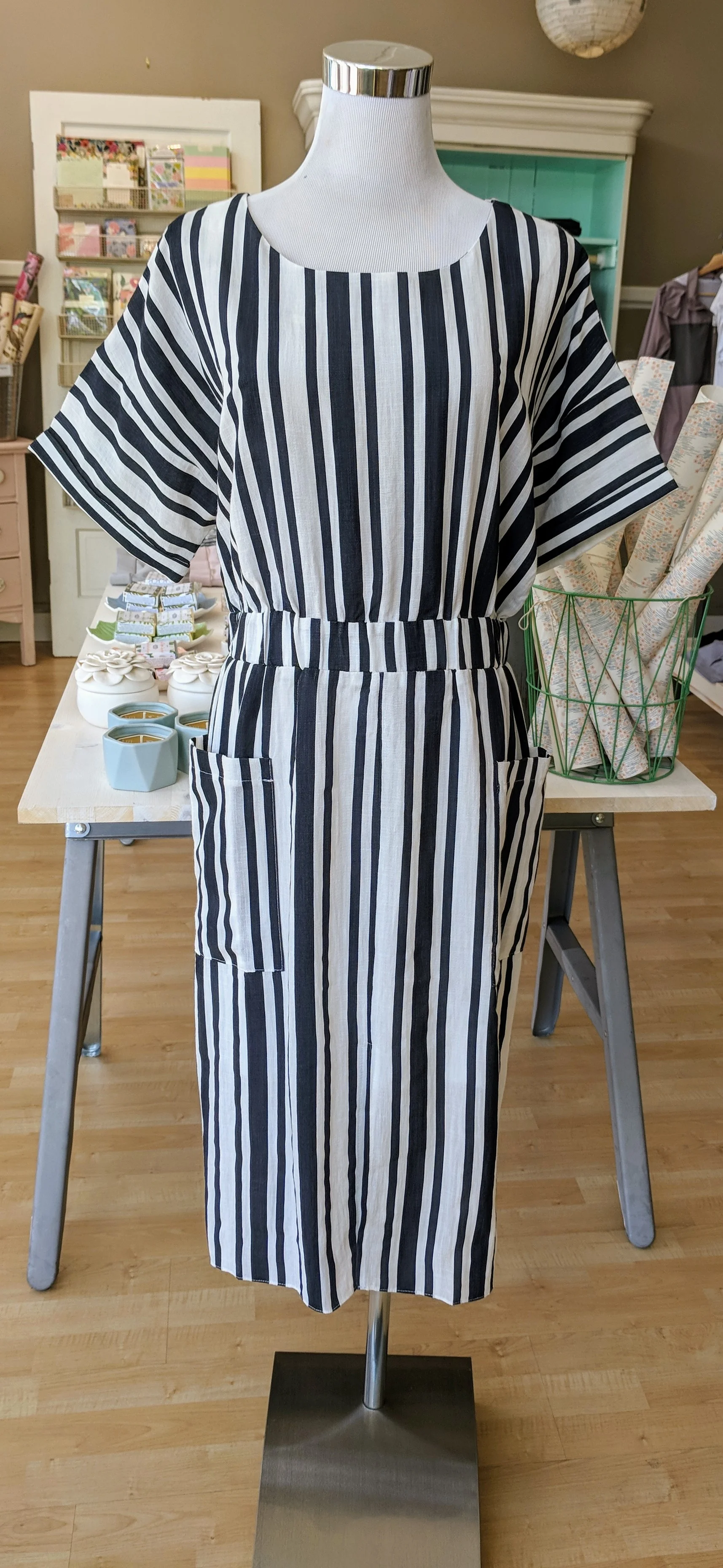 Navy stripe shift dress with boat neckline. 