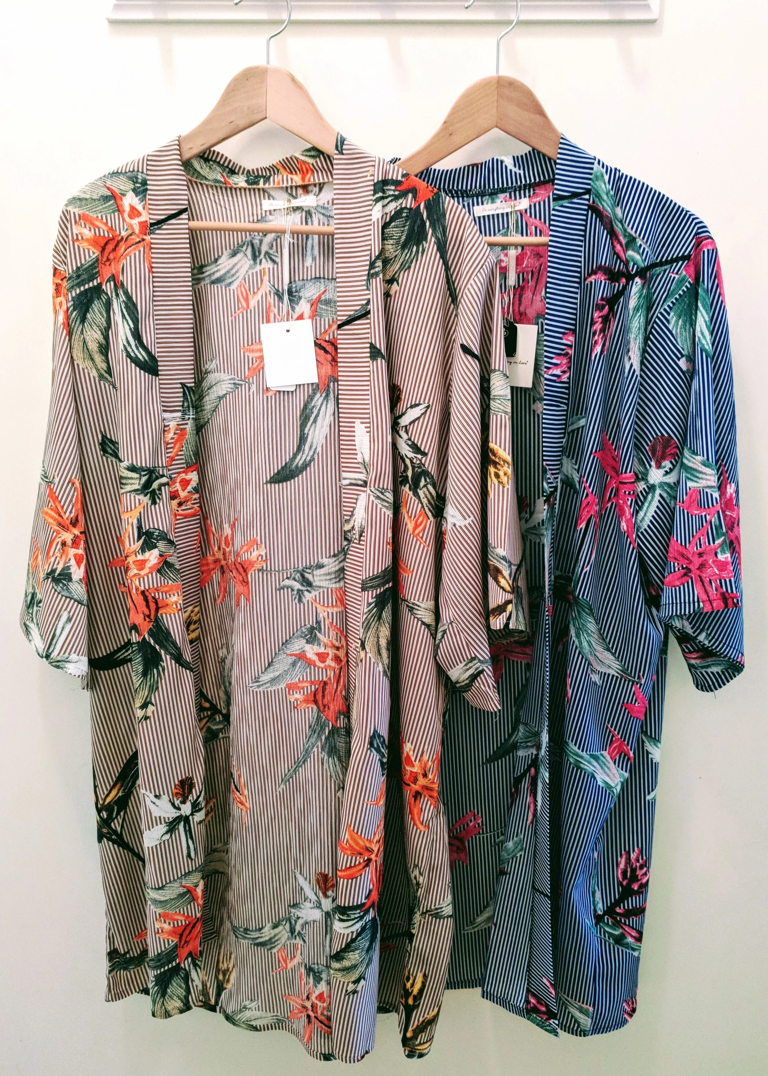 Taupe and Navy floral stripe kimono with dolman sleeve. 