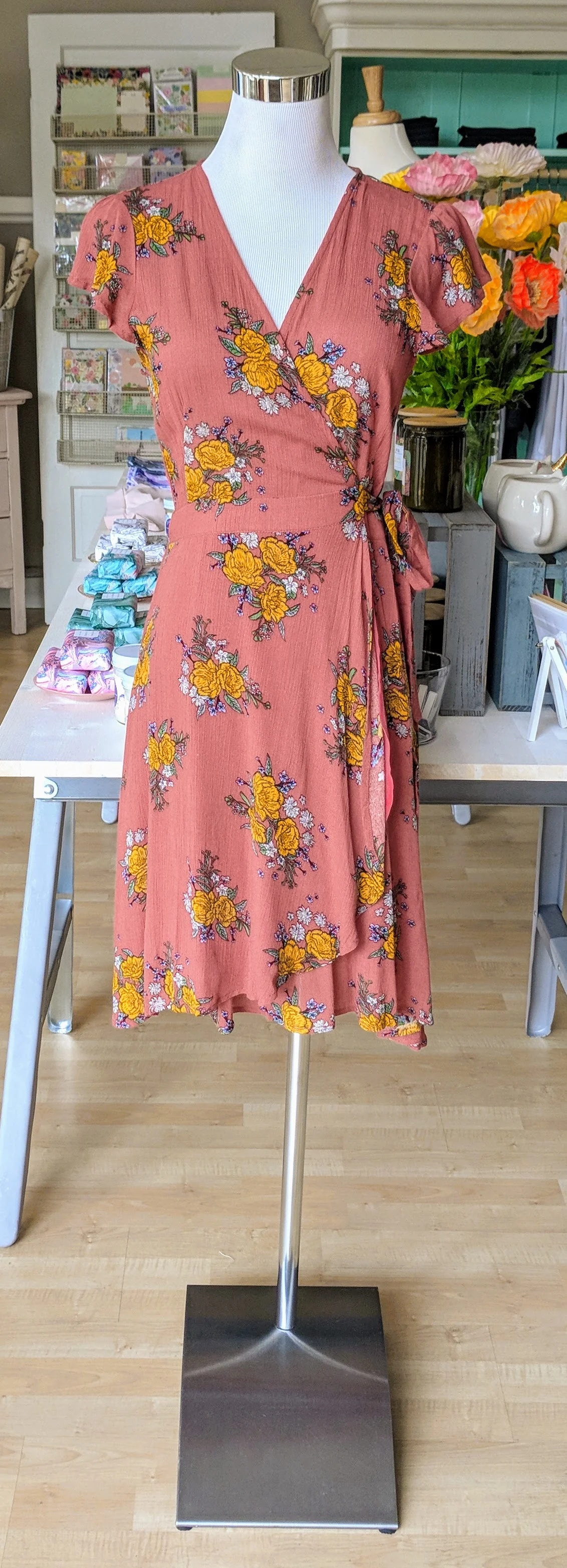 Coral floral print wrap dress. 