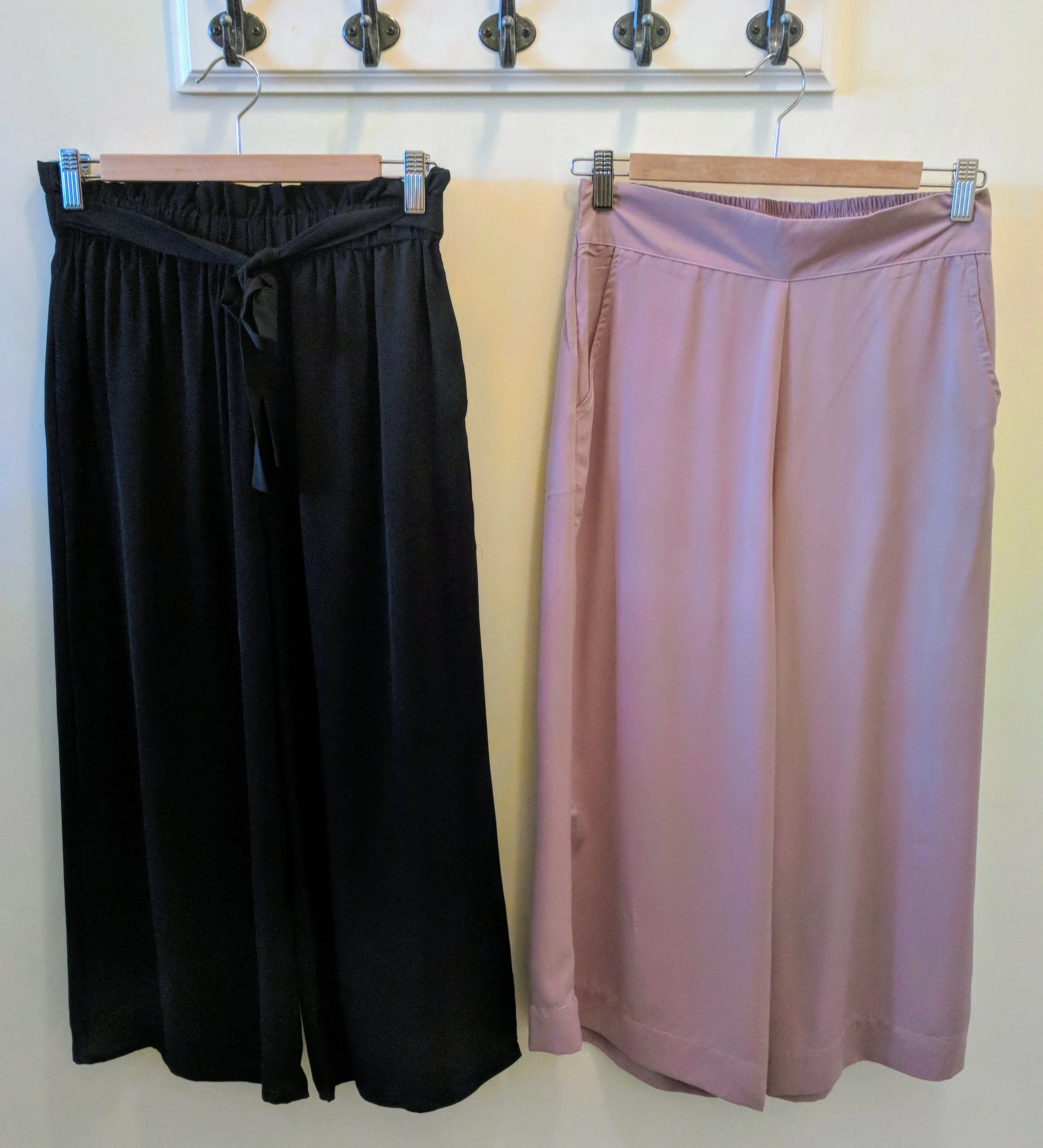 Black and Taupe culotte pants with elastic waistband. 