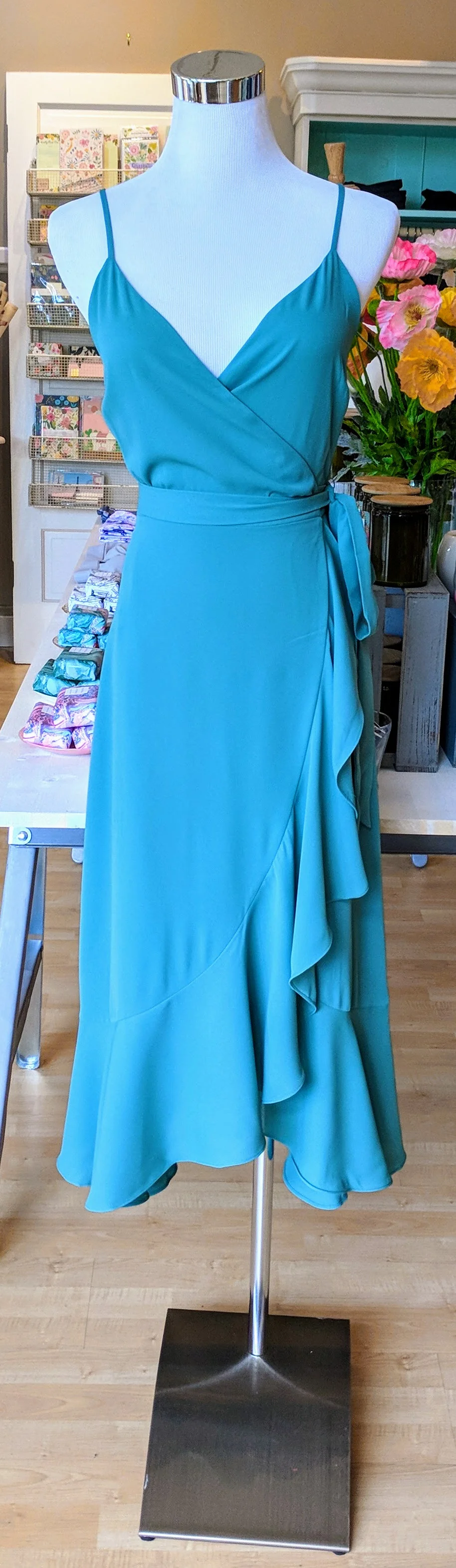 Sea Green wrap dress with tie waist. 