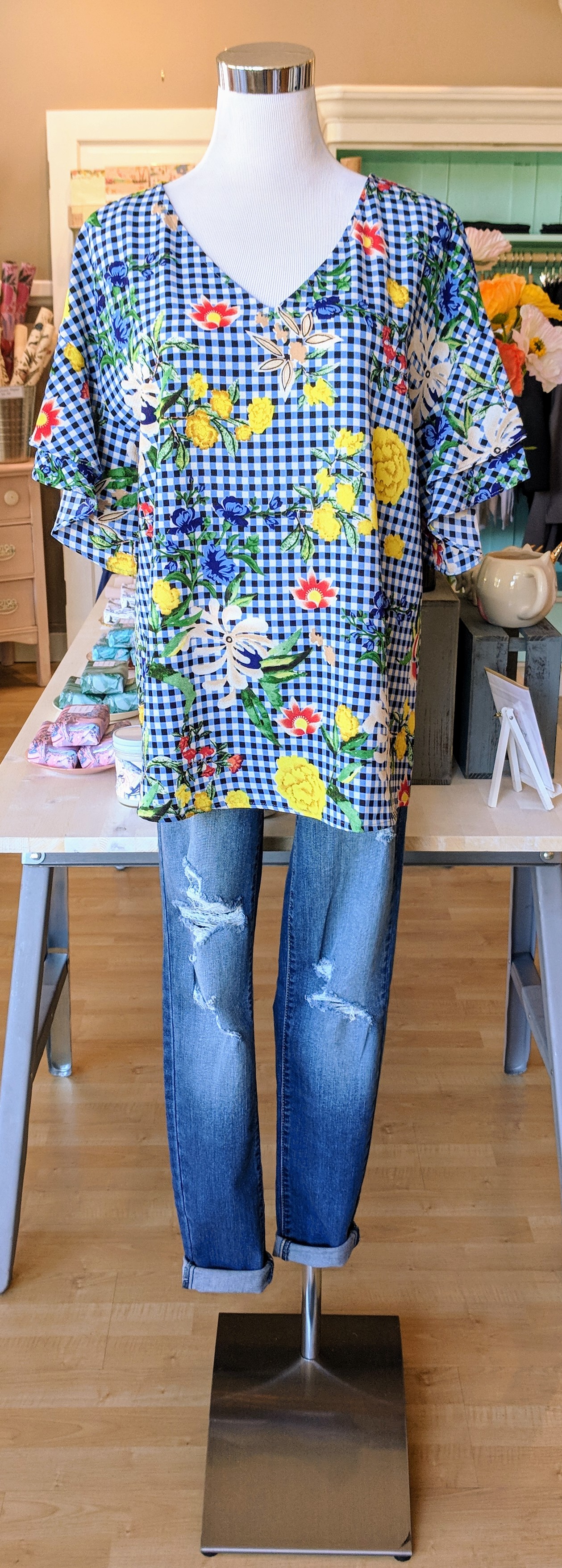 Blue floral gingham top with layered bell sleeve