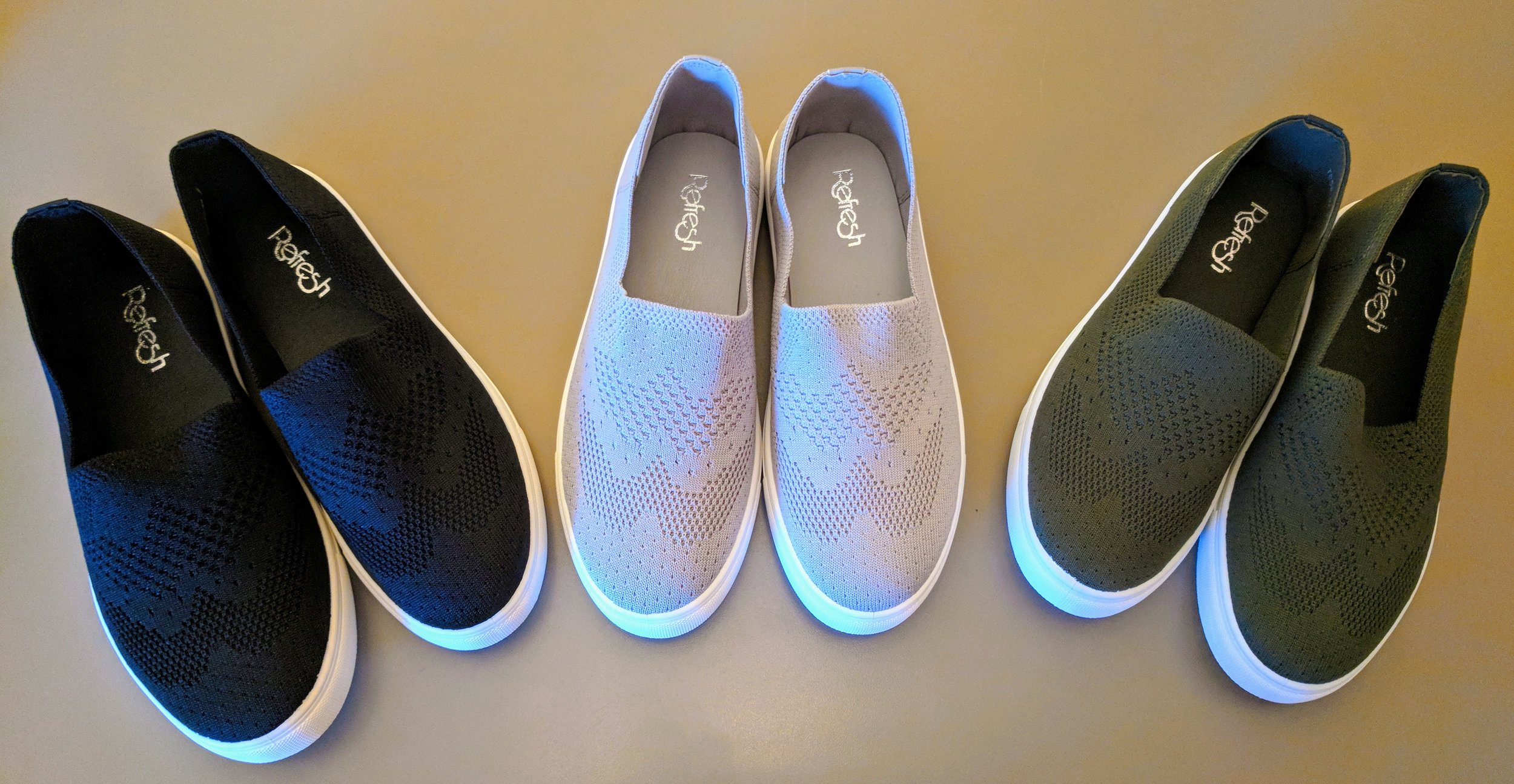 2 tone slip on shoes in black, grey and olive. 