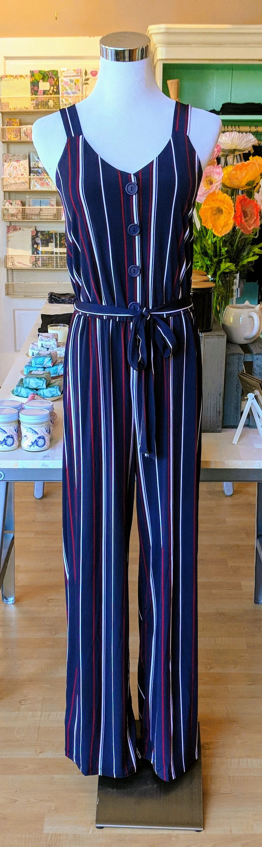 Navy and Burgundy pin stripe jumpsuit with tie waistband. 