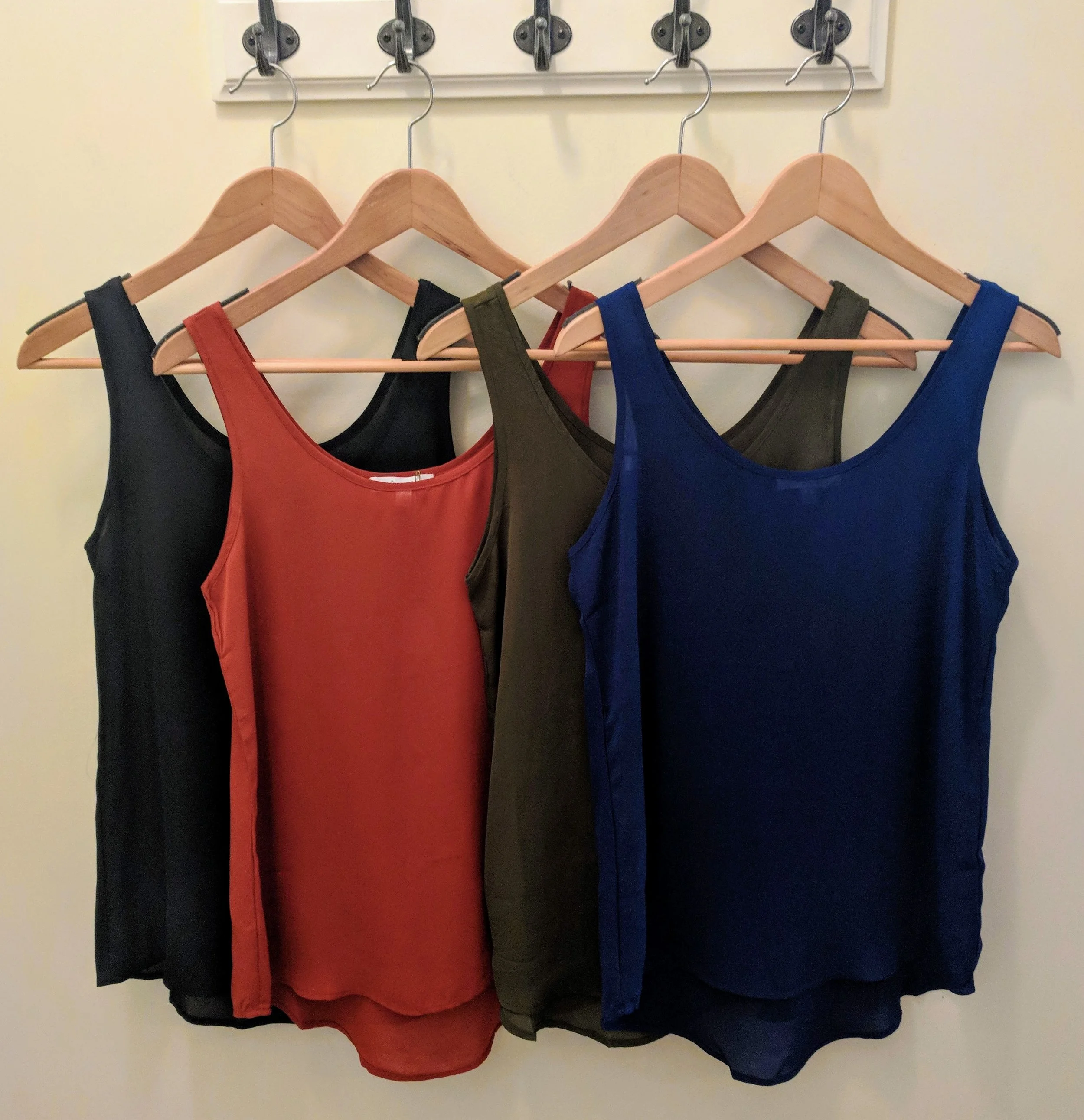 Black, Rust, Olive and Navy chiffon tank top. 