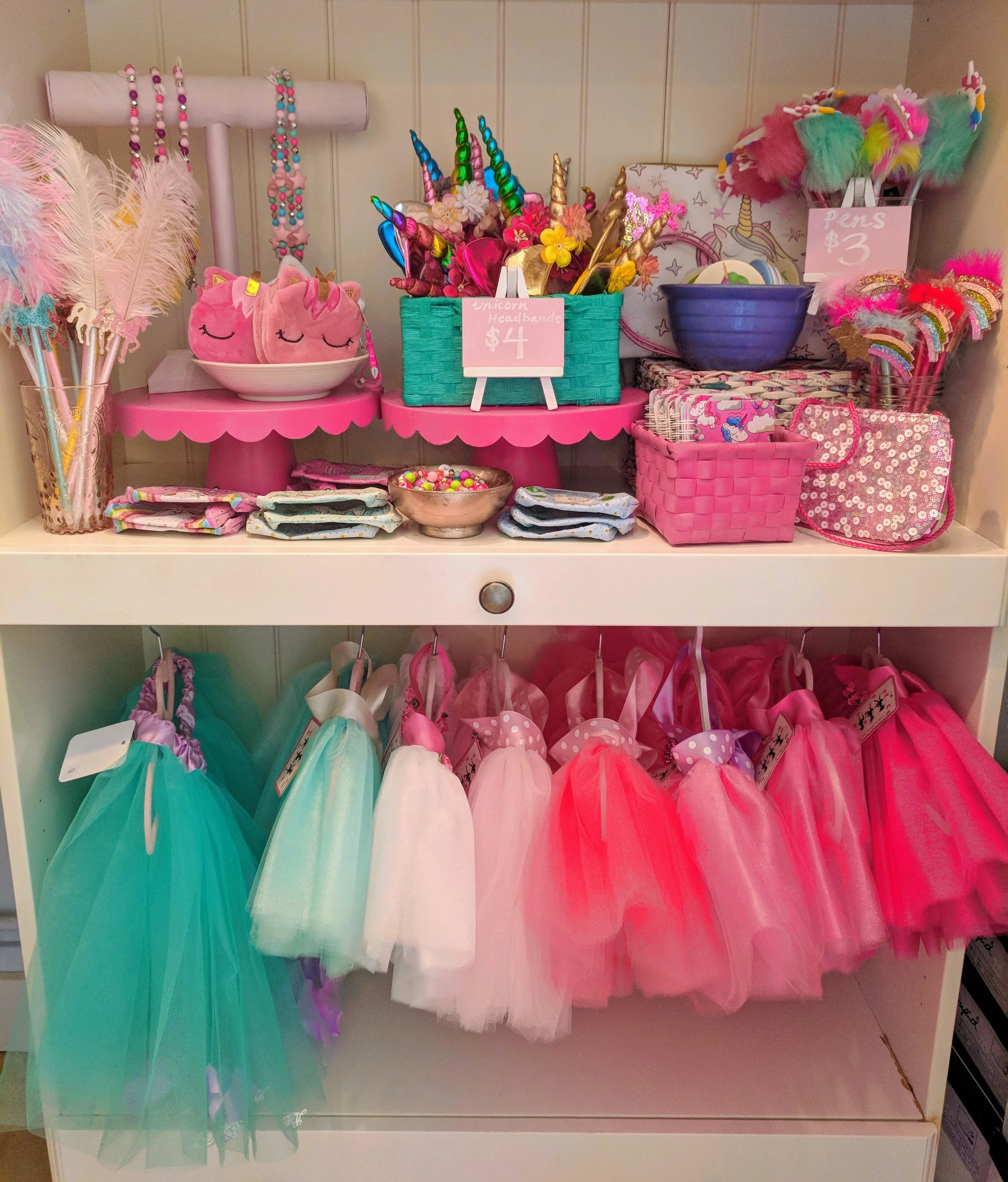 Fun new skirts, unicorn bags, compact mirrors, coin purses, and cute unicorn headbands. 