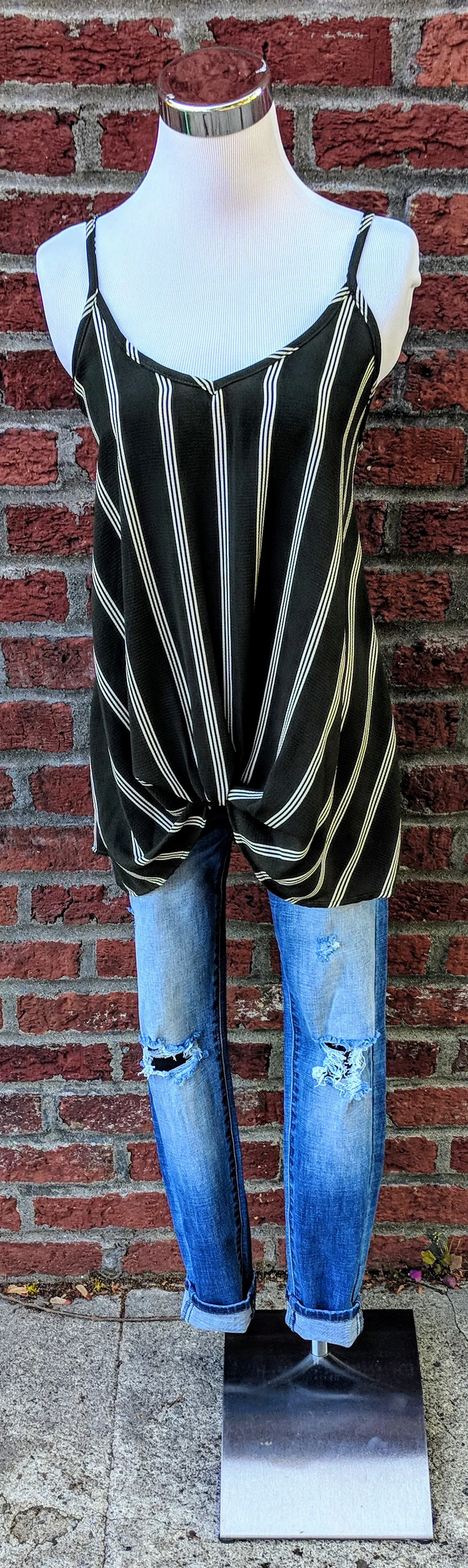 Olive stripe tank top with twist detail on front.