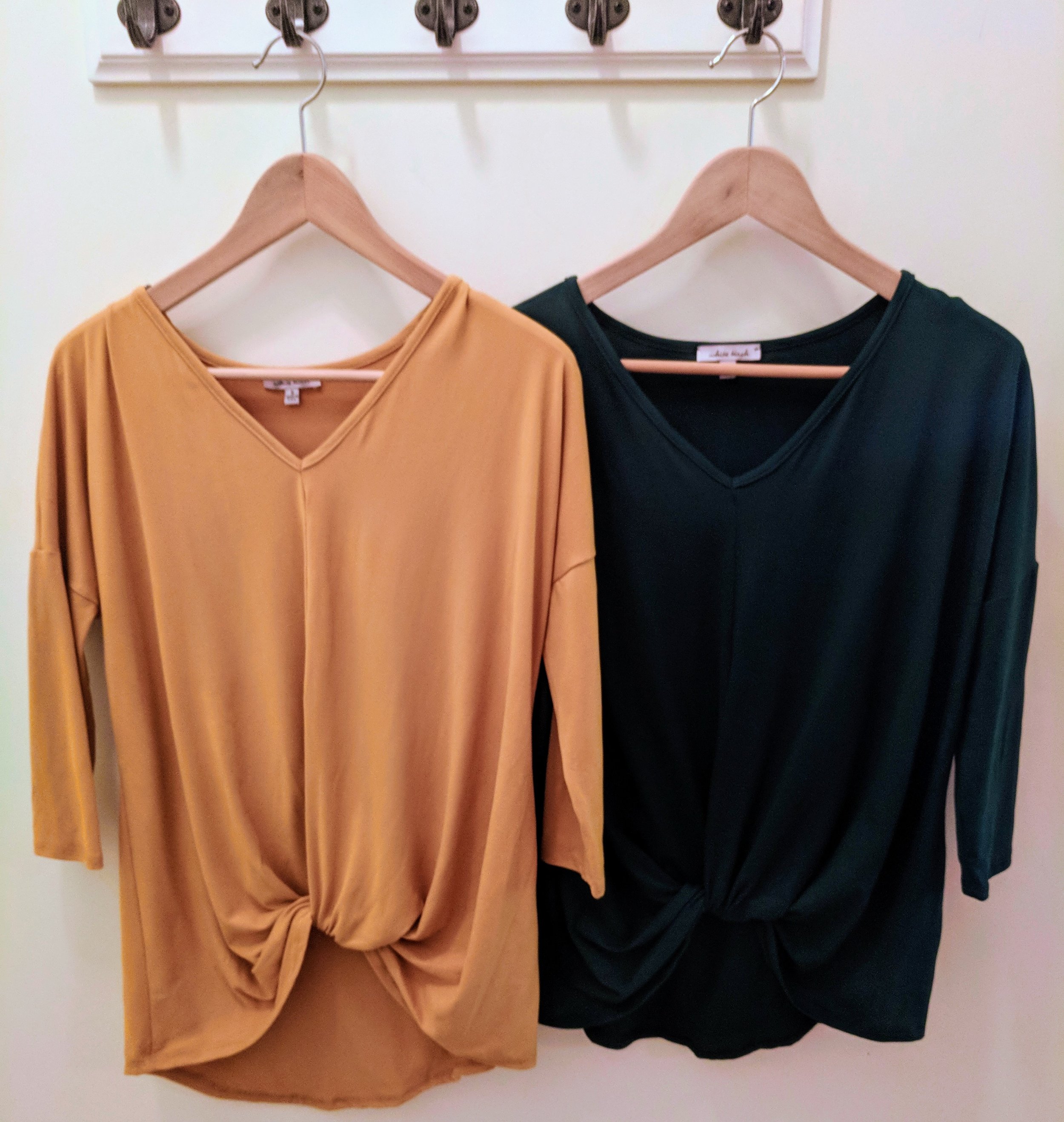 Mustard and Black super soft knot top with 3/4 sleeve and v-neck. 