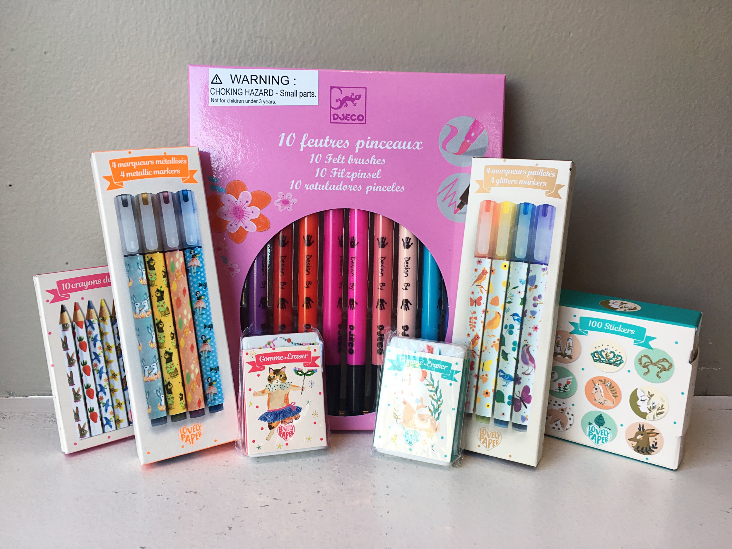Markers, pens, stickers and erasers featuring adorable fawns and kitties.