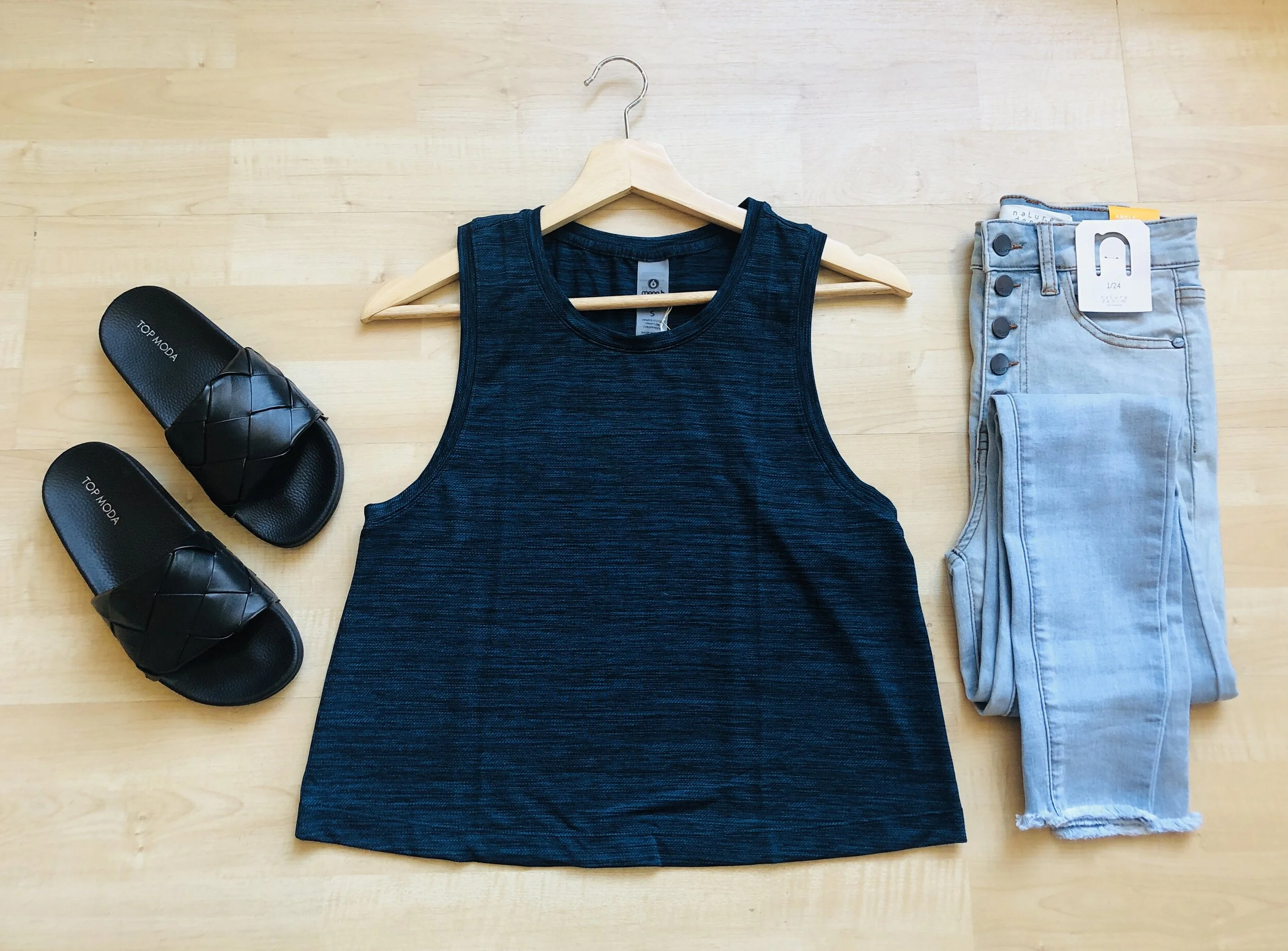 MONO B Crop Tank $24 | NATURE Denim $45