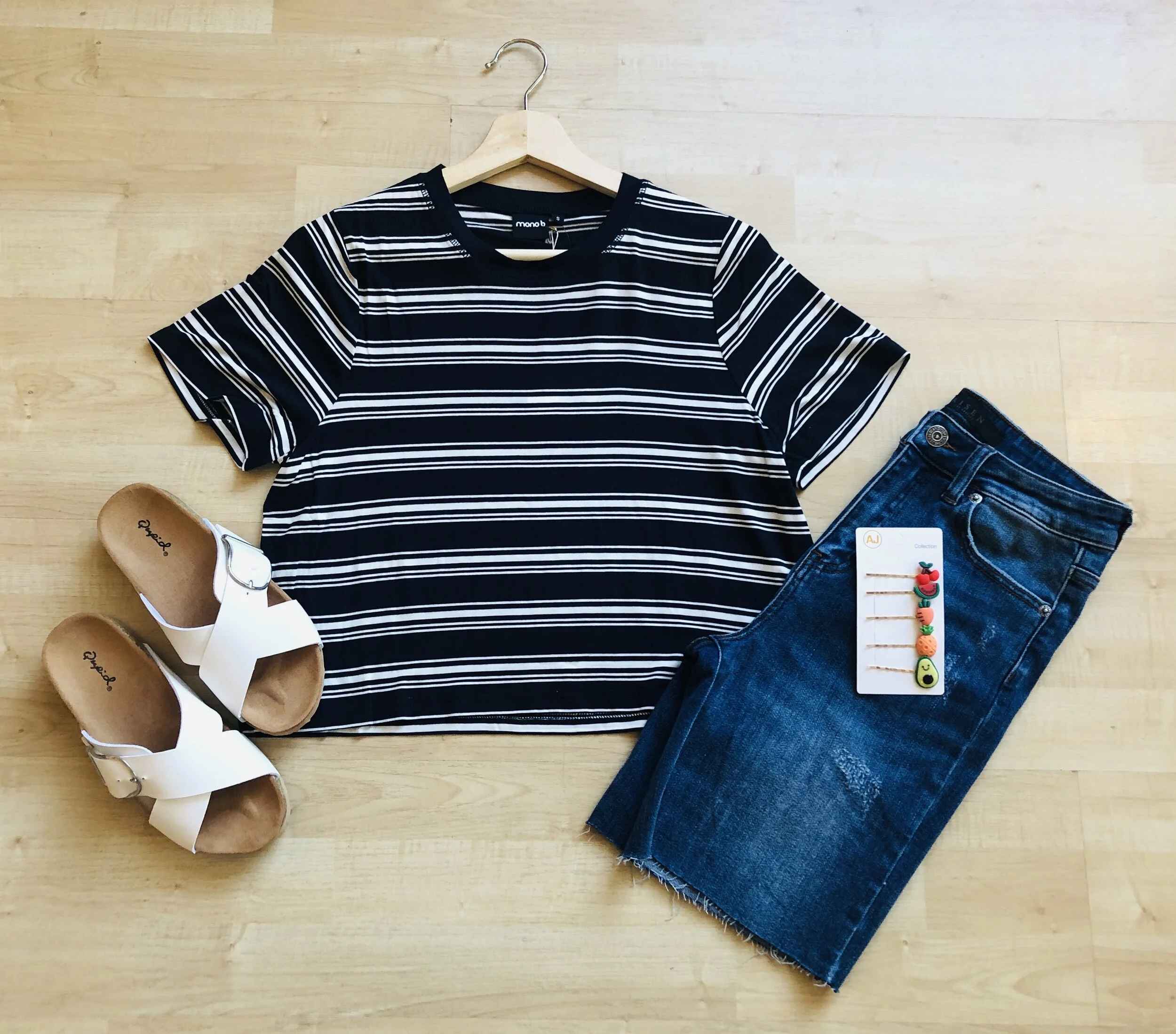 MONO B Crop Tee $28 | RISEN Cutoffs $42 | QUIPID Berks $28 | FRUIT Hair Pins $5