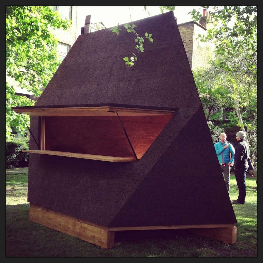 These looked fantastic up close - the angular, cork-covered Tetrasheds which won an Elle Decoration Award last year and have been sold for use as home offices, bars, an extra room and even a pool house.