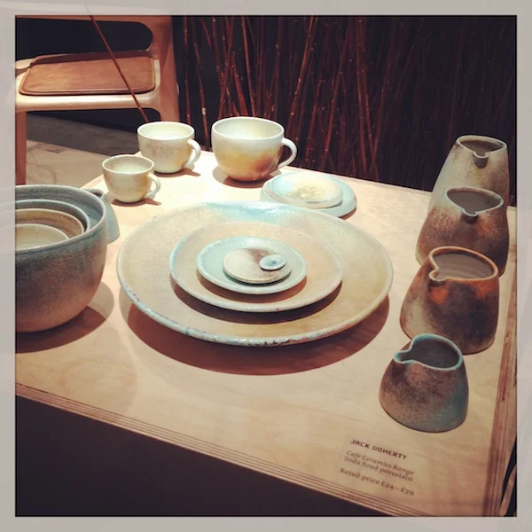 On a slightly different wavelength was the fantastic Vernacular exhibition at Tent London organised by the Crafts Council of Ireland. There were some beautiful hand-crafted pieces on display including these lovely ceramics by Jack Doherty . Also Makers & Brothers' Jerpoint Water Carafe & Glass, Designgoat 's Gray Chair, Clancy Moore 's Strand Lamps and Donna Bates 's parlour lights.
