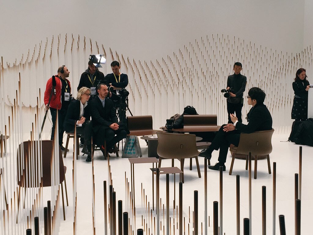 Japanese designer Oki Sato, the founder of internationally renowned design studio Nendo , was named Designer of the Year. Here's a picture I took of him facing the media surrounded by his chocolate-themed installation which made me think 1. what a cool dude and 2. god I would hate to be famous. The stand had an appealing, wavy, cocoa-coloured structure surrounding it, but the piece de resistance was nine chocolates moulded into different shapes to play with the idea of how texture affects taste - one is smooth, one is pointy, one is hollow etc. The idea being to get a different perspective on an ordinary thing. It's a bit out there, but I liked it. Oki Sato also did a video interview on the Maison et Objet website and he comes across really well, especially when he says: "a good design is one you can explain down the telephone to a child, because it's not about forms, colours or shapes - it's the idea". Also, he eats the same noodle dish every day in the same place, so he can "notice the small differences, because it's those kind of differences which generate new ideas". He's so zen. 