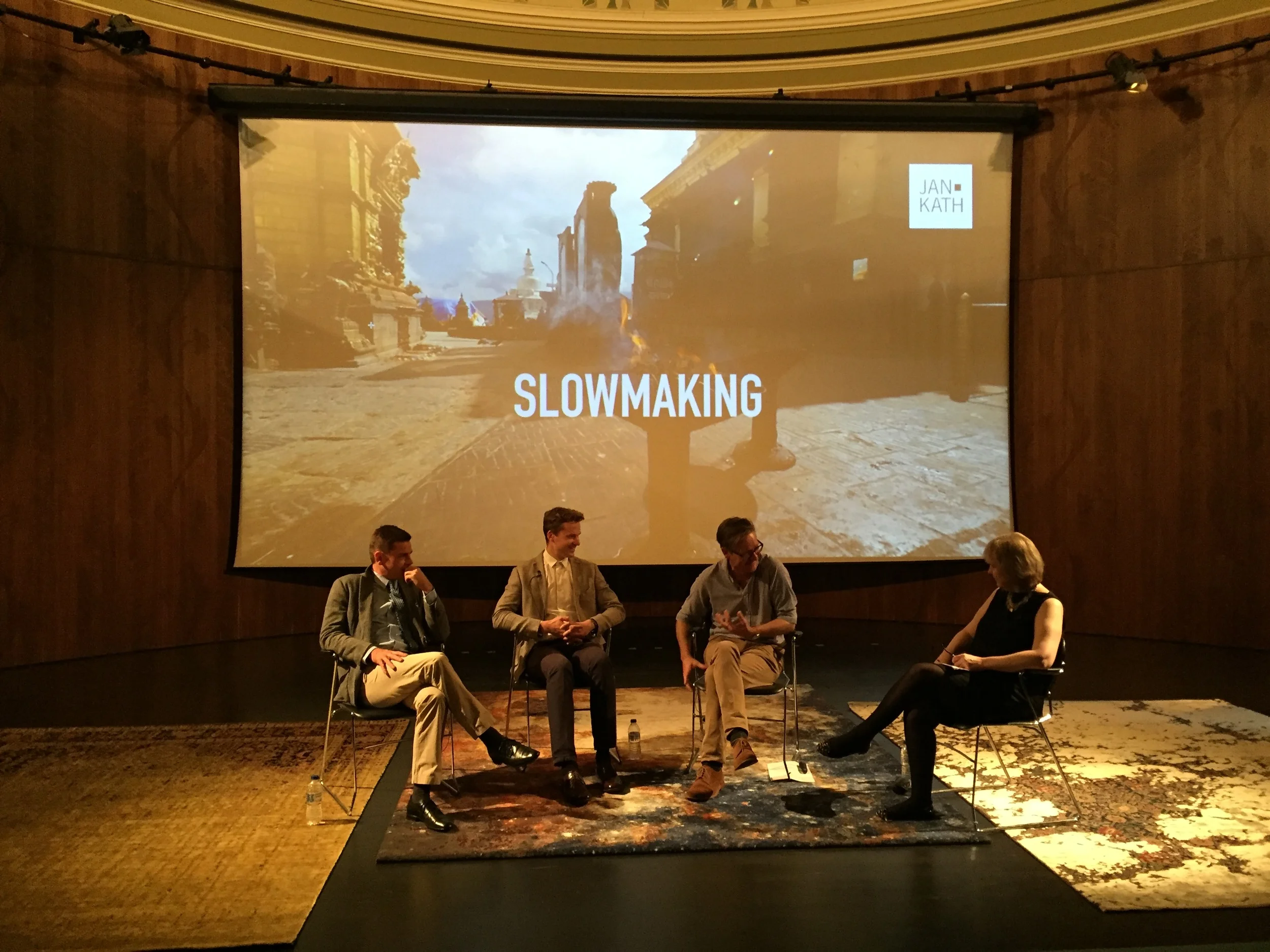 There was a talk at the V&A about 'Slowmaking' featuring rug maker Jan Kath (left), interior designer Daniel Hopwood (second from right) and journalist Helen Chislett (right). Kath produces rugs which are basically works of art and can take around 6-8 months to make. If you've got time there's a lovely National Geographic style video of the hand-crafted Nepalese rug-making process, very chillaxy soundtrack. 