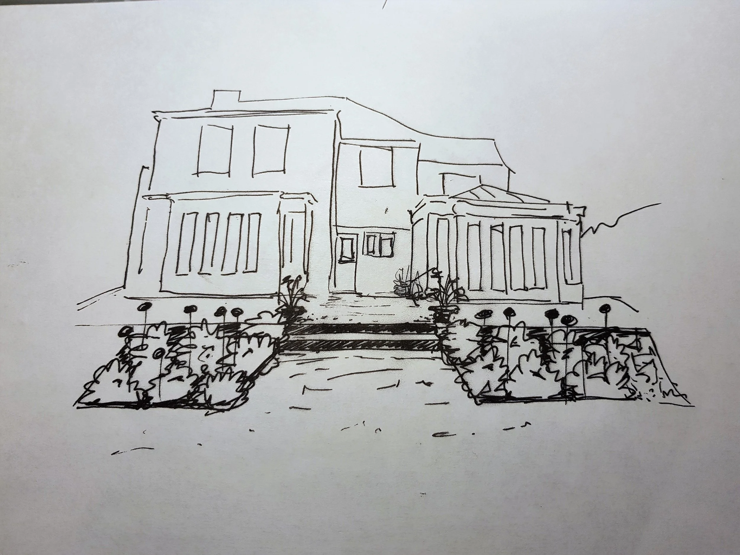 A sketch of the proposed wide and deep beds to frame the terrace steps and to be more in proportion with the house