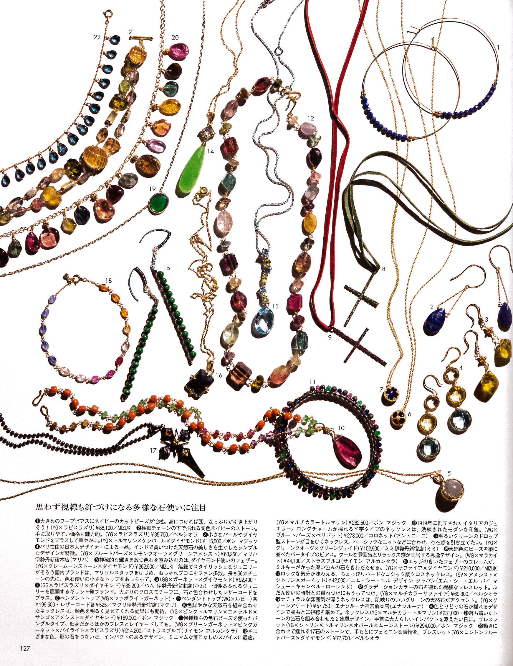 Marisol Magazine Japan Dec 2013 issue: White gold bangle with various stones, sterling silver and malachite bar earrings