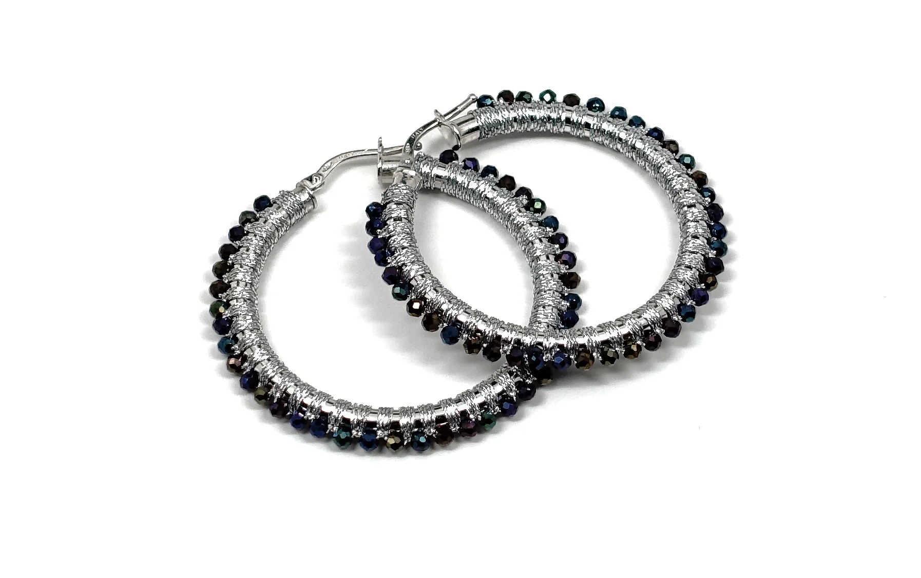 NME112WG 35MM 14KT WHITE GOLD HOOP HAND WOVEN WITH BLUE SPINEL.jpg