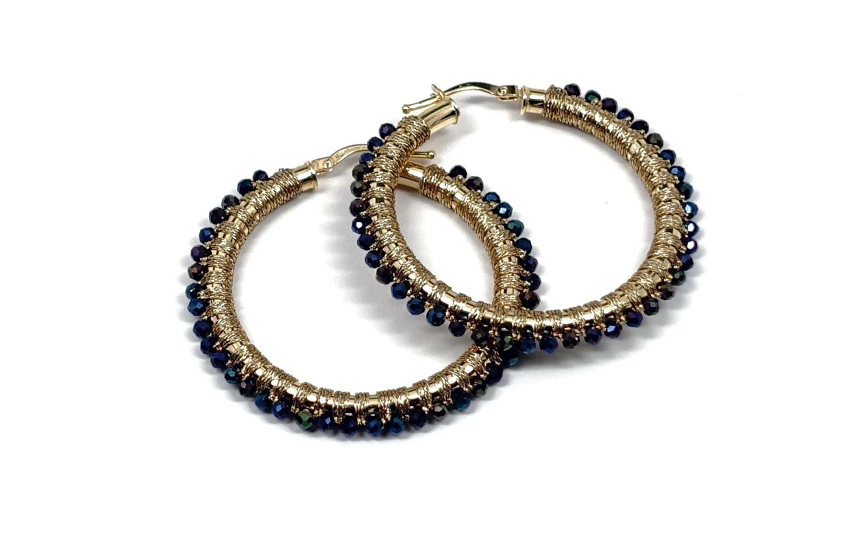 NME112 35MM 14KT YELLOW GOLD HOOPS HAND WOVEN WITH BLUE SPINEL.jpg