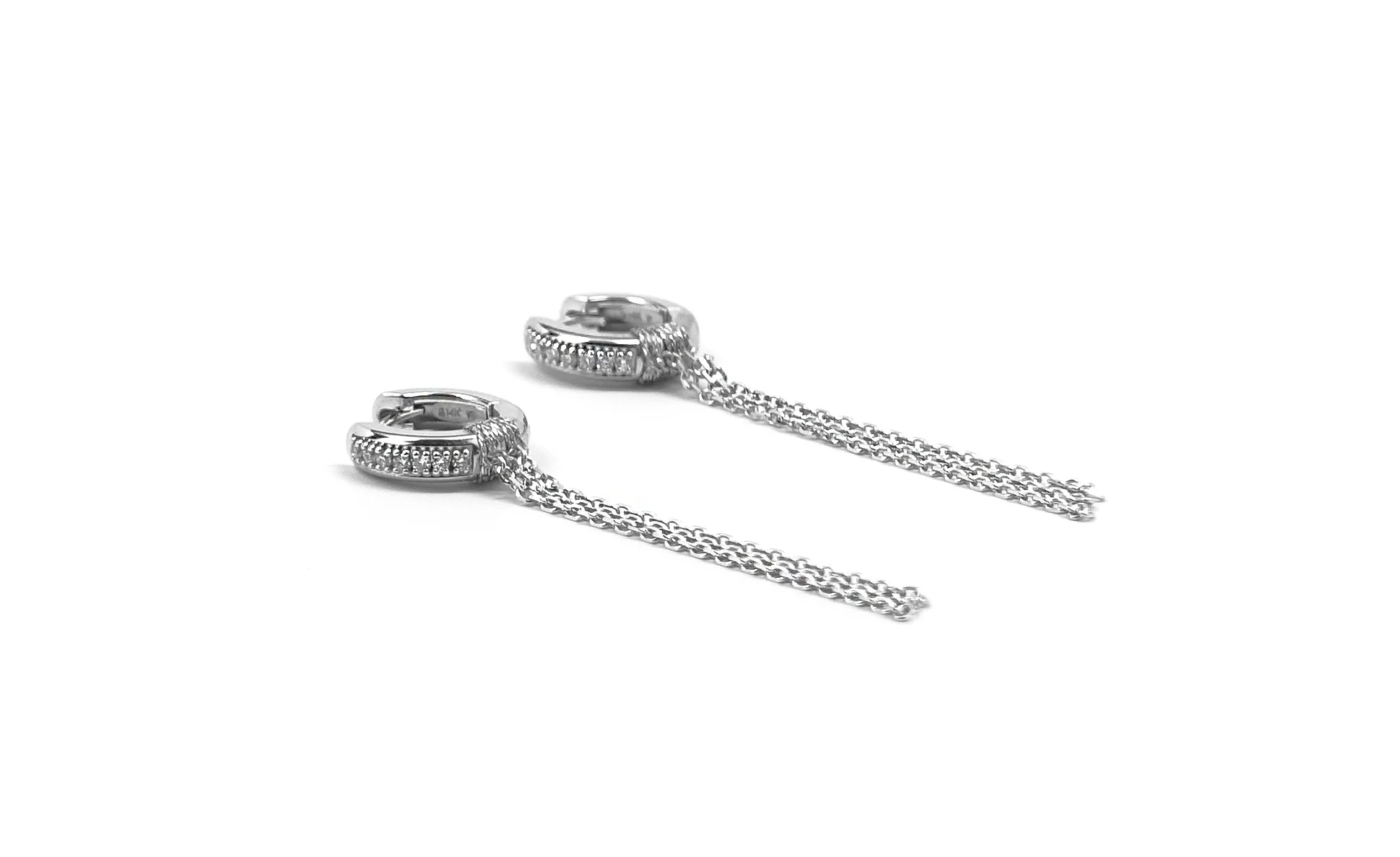 ESC109 14KT WHITE GOLD 13MM DIAMOND PAVE HOOP HAND WOVEN WITH 1.5 14KT WHITE GOLD FRINGE 3 STRANDS.jpg