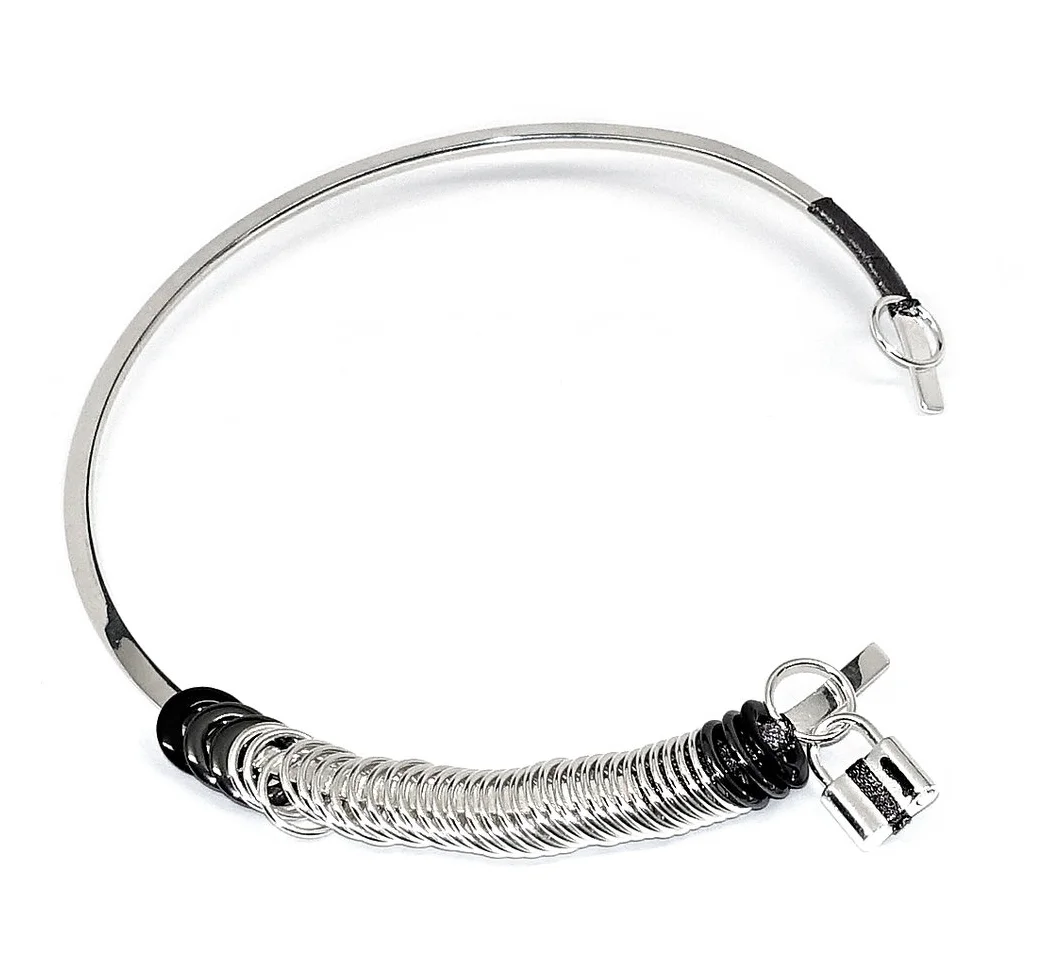 M31N4 STERLING SILVER CHOKER WITH STERLIING SILVER, BLACK AGATE, AND HEMATITE RINGS, STERLING PADLOCK DROP v2.jpg