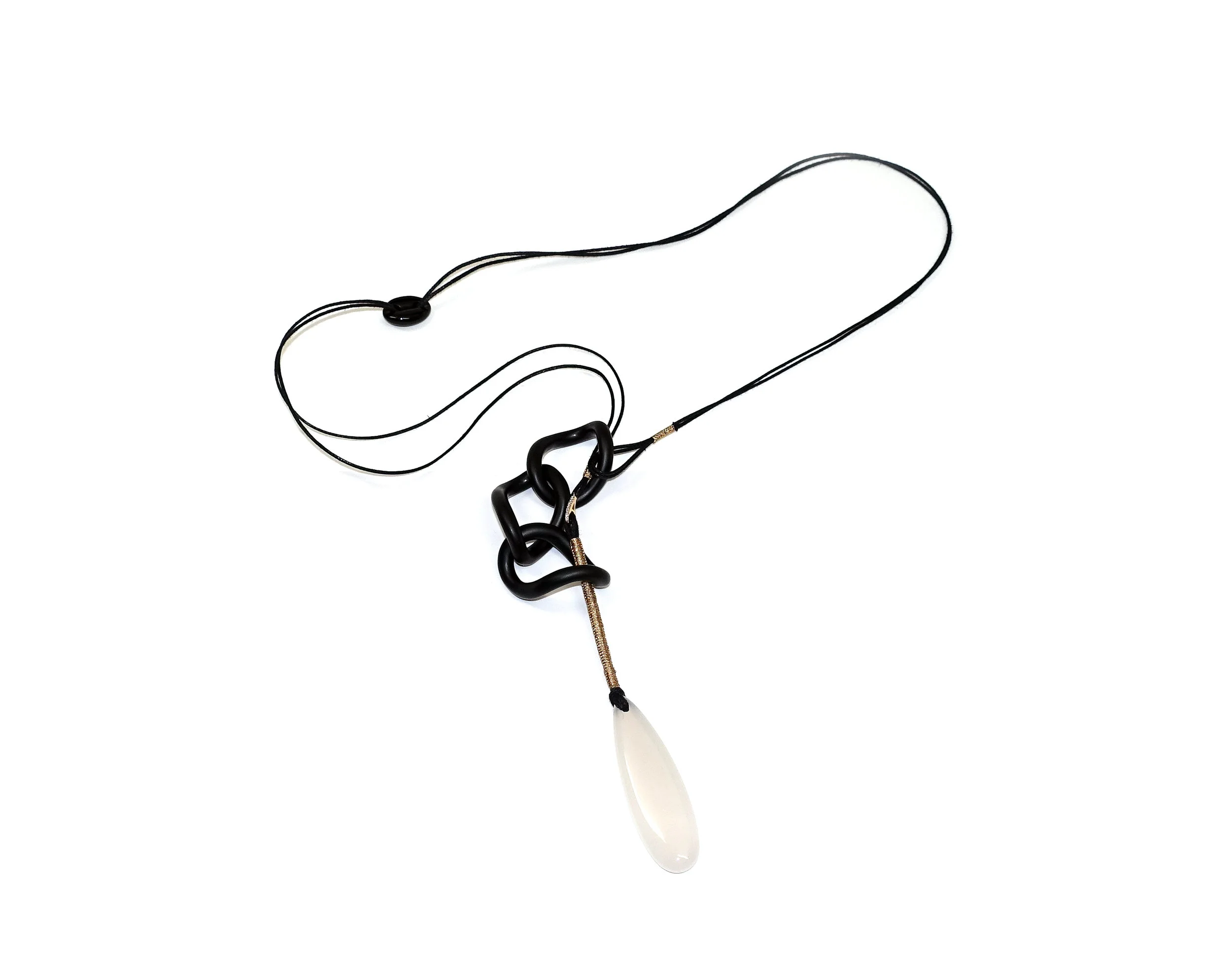 M31N13 FROSTED BLACK AGATE CHAIN LINKS WITH MILKY WHITE AGATE TEAR DROP 14KT GOLD AND DIAMOND DETAIL .03CTW, BLACK AGATE SLIDE, HAND WOVEN DETAILS NECKLACE.jpg