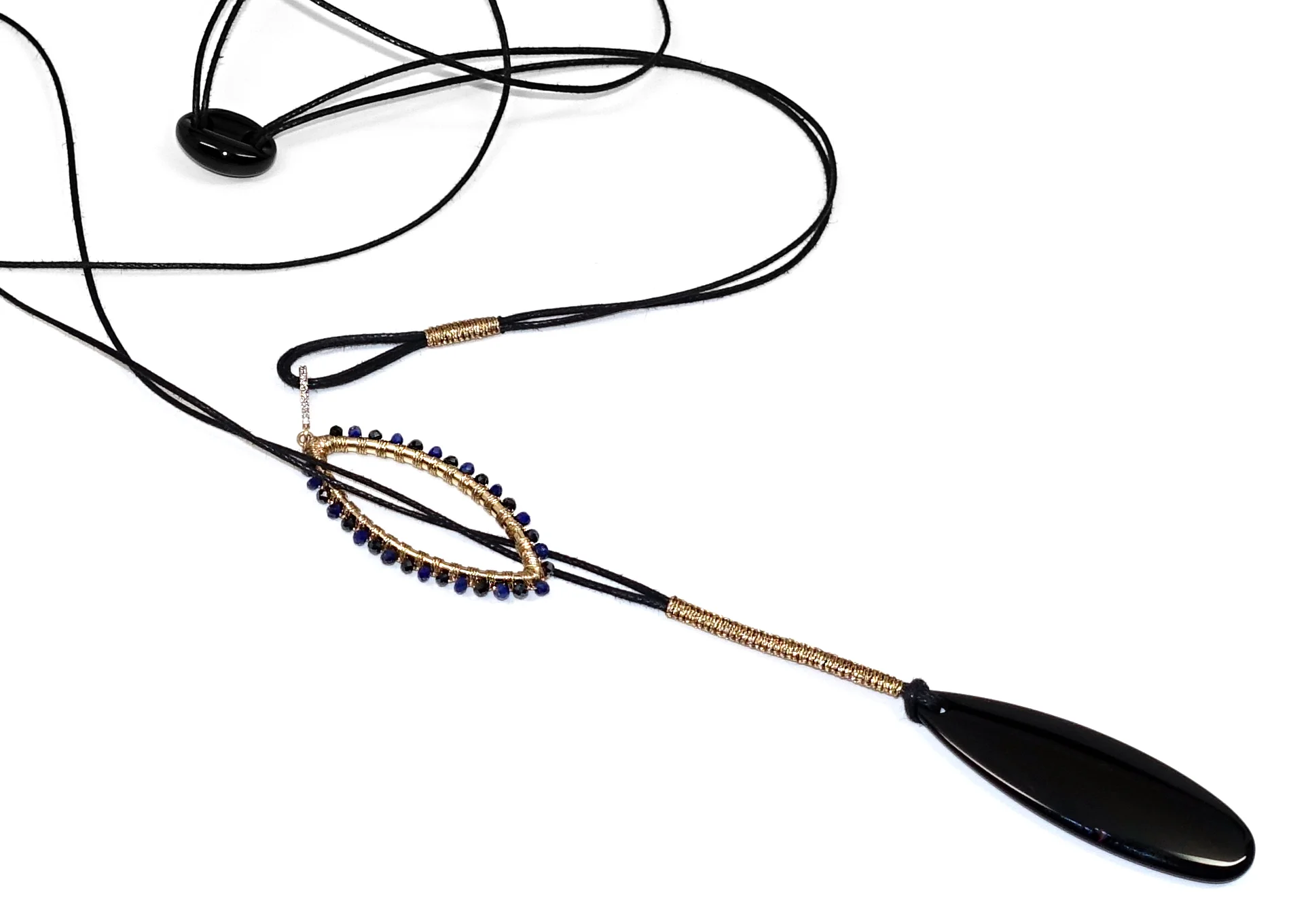 M31N14 14KT YELLOW GOLD 22MM BY 42MM VESICA PISCIS HAND WOVEN WITH MYSTIC SPINEL AND LAPIS, GOLD AND DIAMOND DETAIL. .03CTW BLACK AGATE TEAR DROP HAND WOVEN NECKLACE ZOOM .jpg
