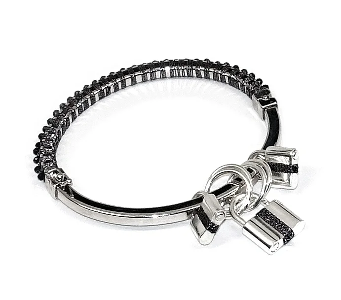 M31B1 STERLING SILVER BRACELET HAND WOVEN WITH MYSTIC BLACK SPINEL, STERLING SILVER RINGS AND PADLOCKS CHARMS.jpg
