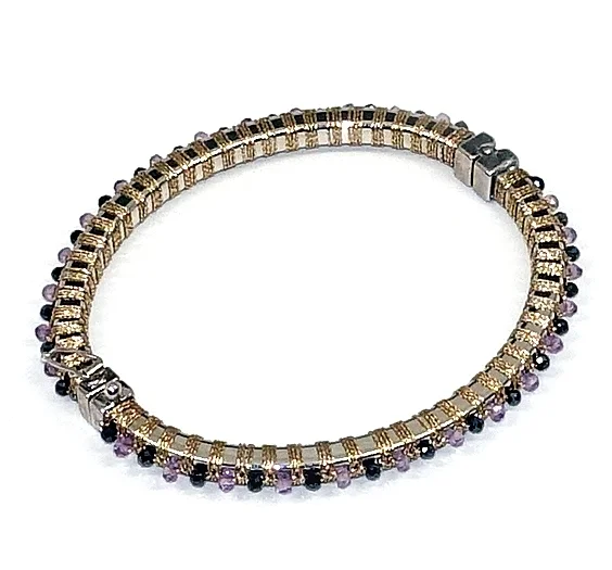 M31B4 STERLING SILVER BRACELET HAND WOVEN WITH PINK AMETHYST AND MYSTIC BLACK SPINEL HAND WOVEN WITH GOLD CORD.jpg