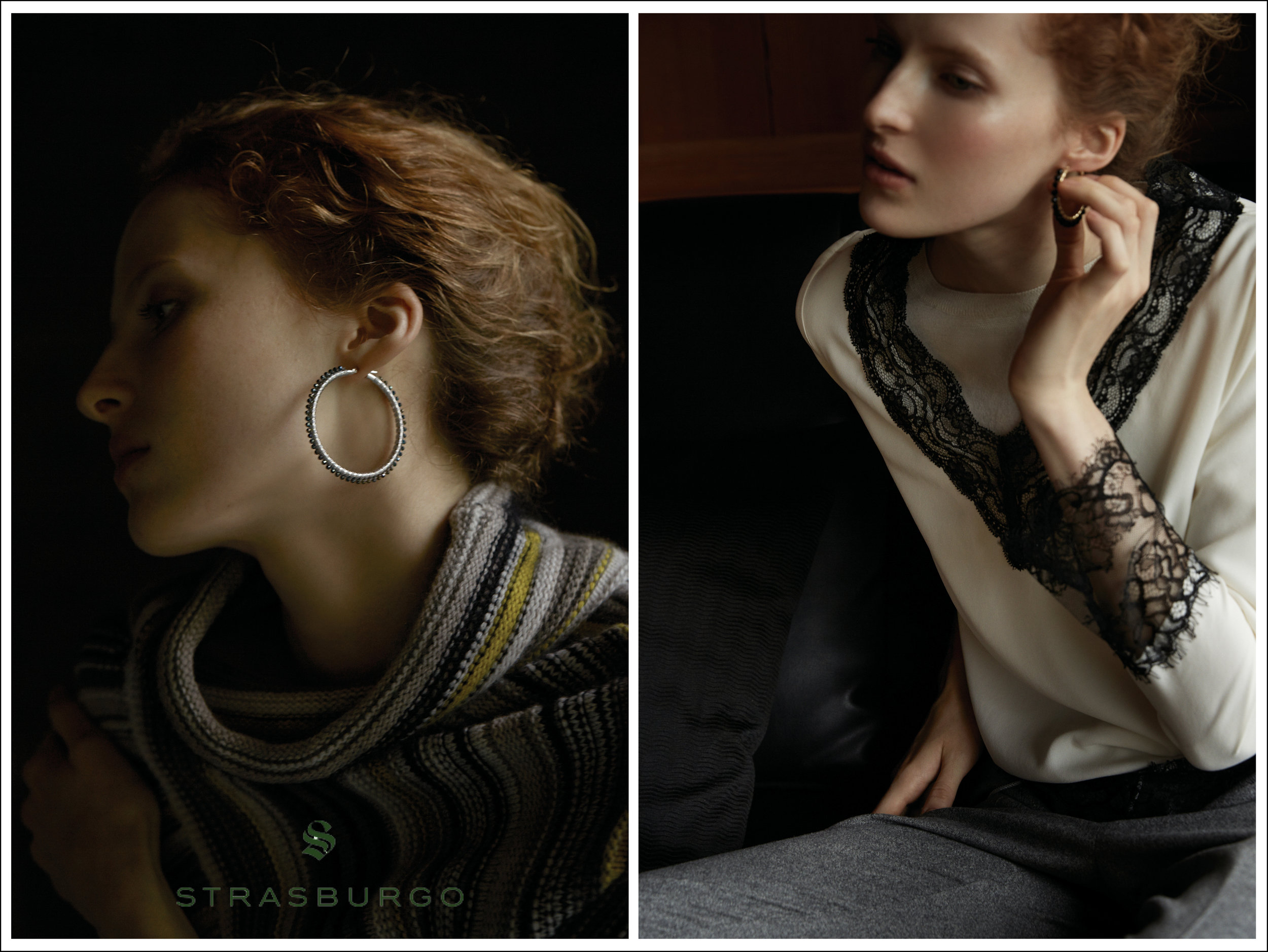 STRASBURGO JAPAN FALL 2016. SIMON ALCANTARA 45MM 14KT WHITE GOLD AND MYSTIC GREEN SPINEL HOOPS (IMAGE ON LEFT SIDE) AND 35MM 14KT YELLOW GOLD AND ONYX (IMAGE ON RIGHT SIDE). STRASBURGO.CO.JP