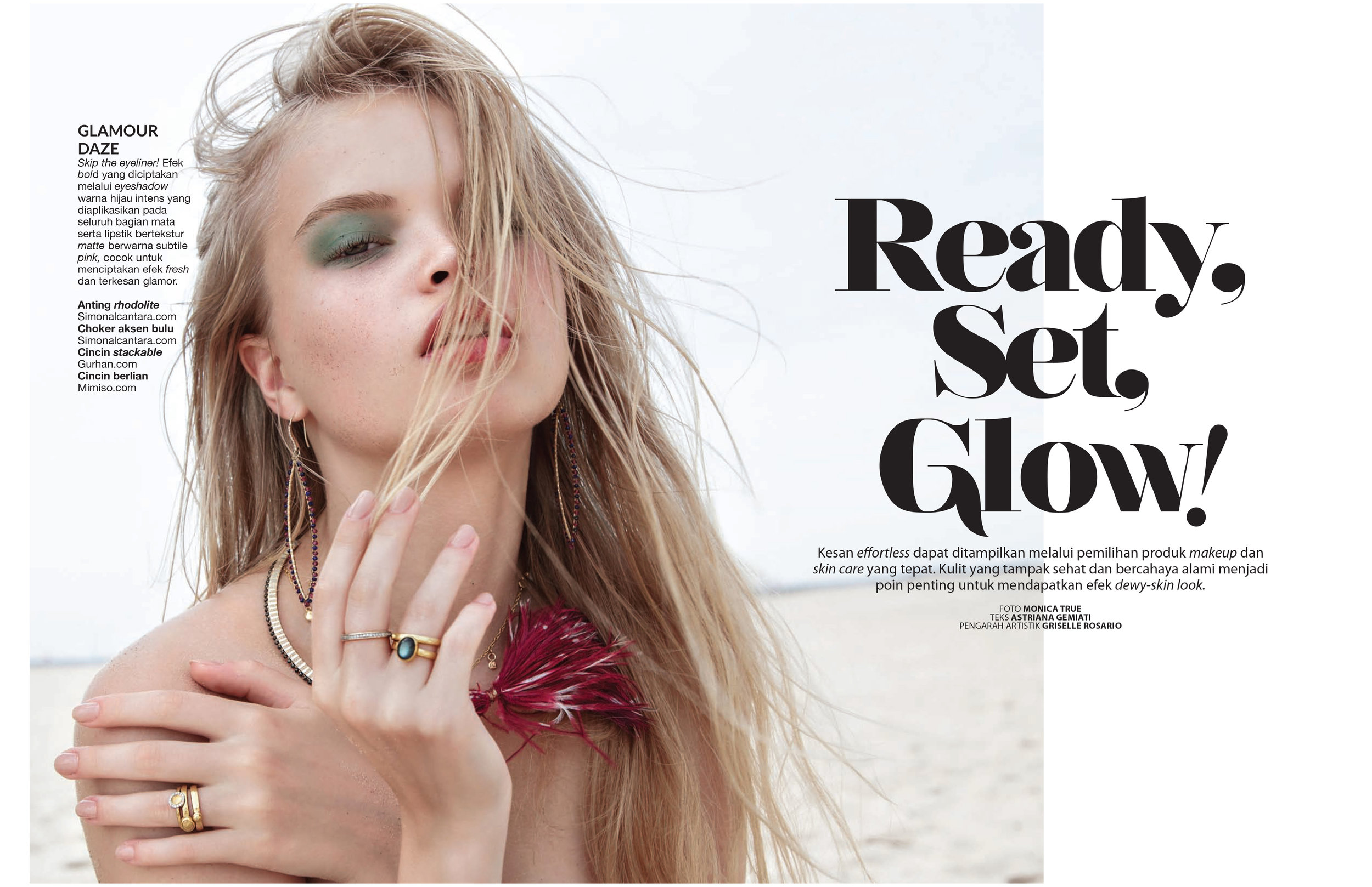 FEMALE BEAUTY INDONESIA, SPRING 2017 ISSUE, SIMON ALCANTARA HAND WOVEN GOLD VESICA PISCES EARRINGS WITH DIAMONDS, LAPIS, AND RHODOLITE GARNETS. STERLING SILVER, SPINEL, AND OSTRICH FEATHER HAND WOVEN CHOKER. PHOTOGRAPHER MONICA TRUE,STYLED BY OSCAR MONTES DE OCA, MAKEUP BY GRISELLE ROSARIO