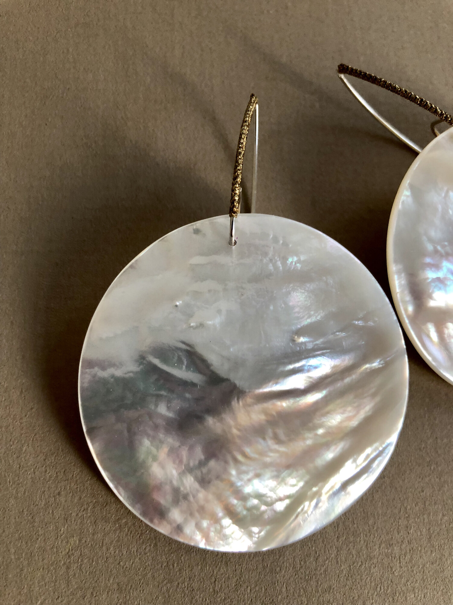 AQE123 50MM SOUTH SEA MOTHER OF PEARL DISC WITH HAND WOVEN STERLING SILVER  EAR WIRE *GOLD COLOR CORD SHOWN* PEARL IS THE STONE OF SINCERITY — SIMON