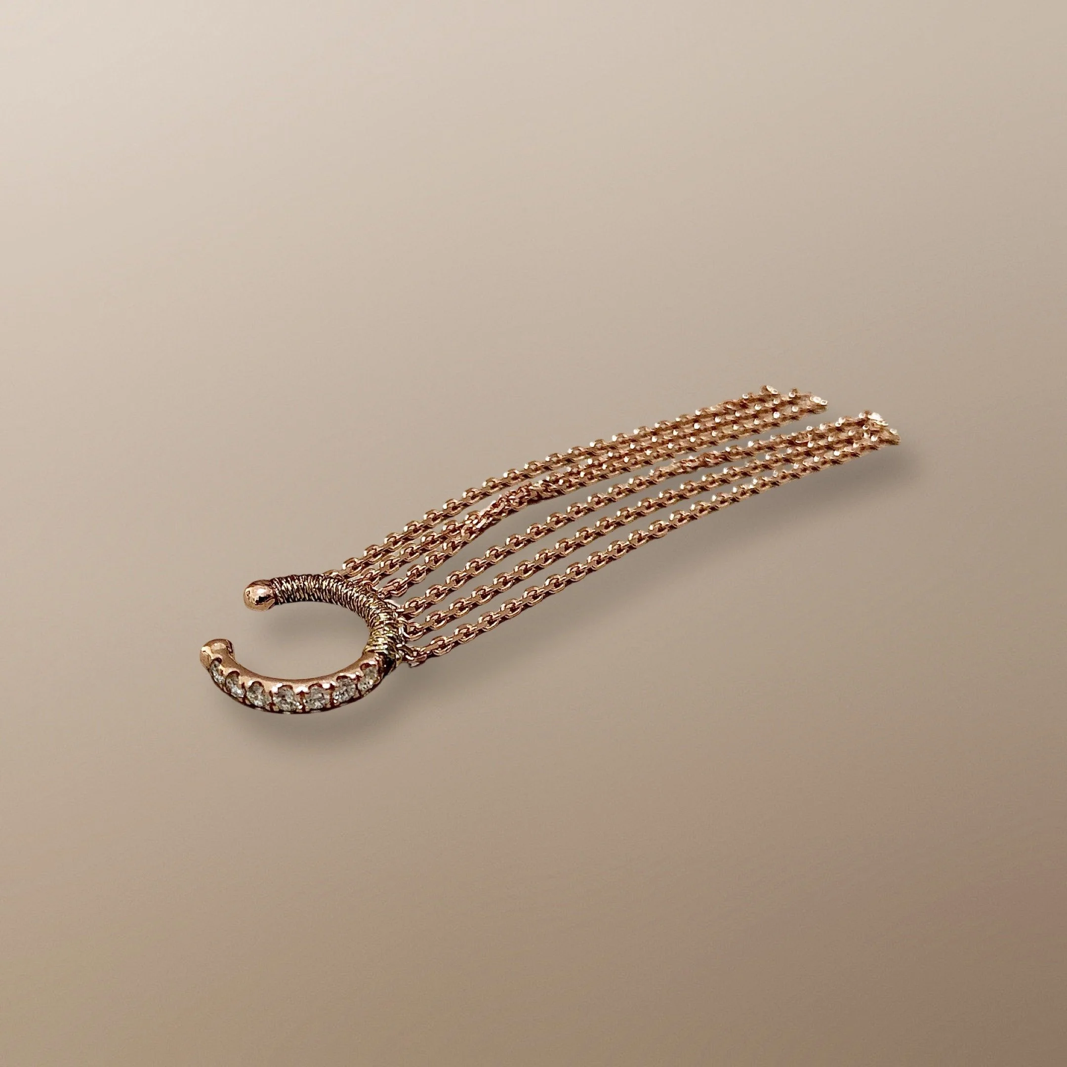 ERCNG122 14KT ROSE GOLD DIAMOND EAR CUFF HAND WOVEN WITH CHAIN FRINGE.JPG