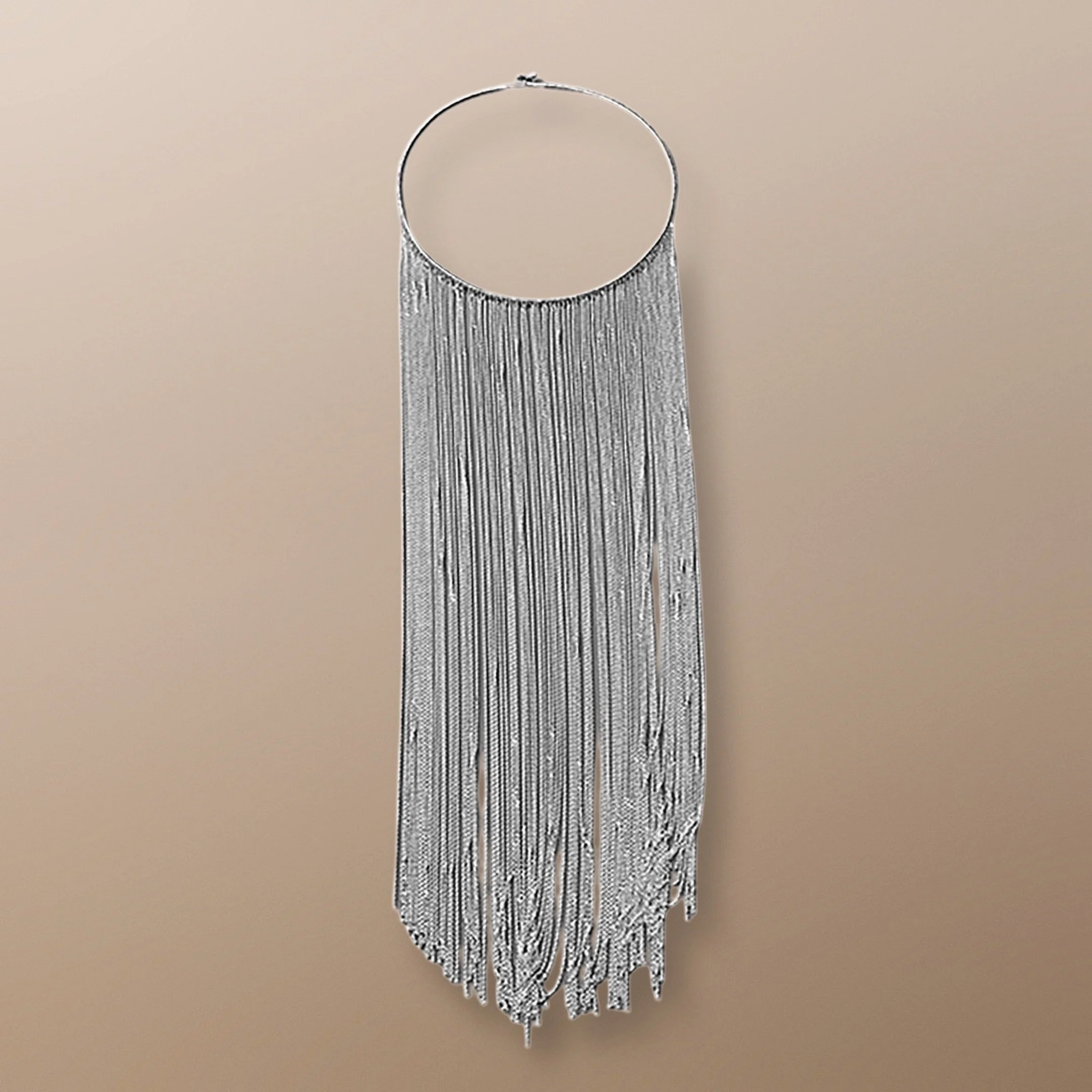 NNG110 HAND WOVEN STERLING SILVER CHAIN FRINGE LONG BIB