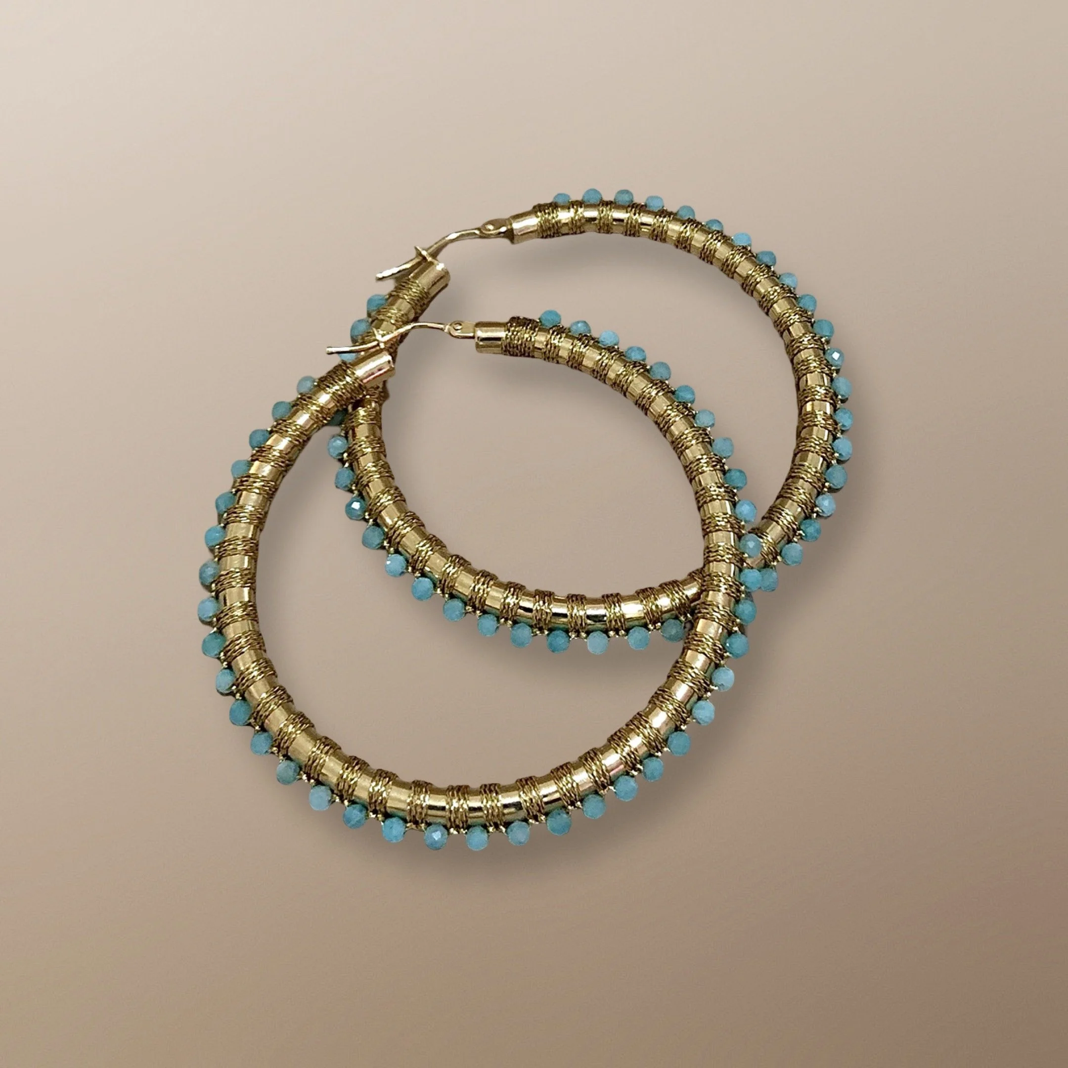 ENG102YG 14KT YELLOW GOLD HOOP HAND WOVEN WITH AMAZONITE ENG102YG