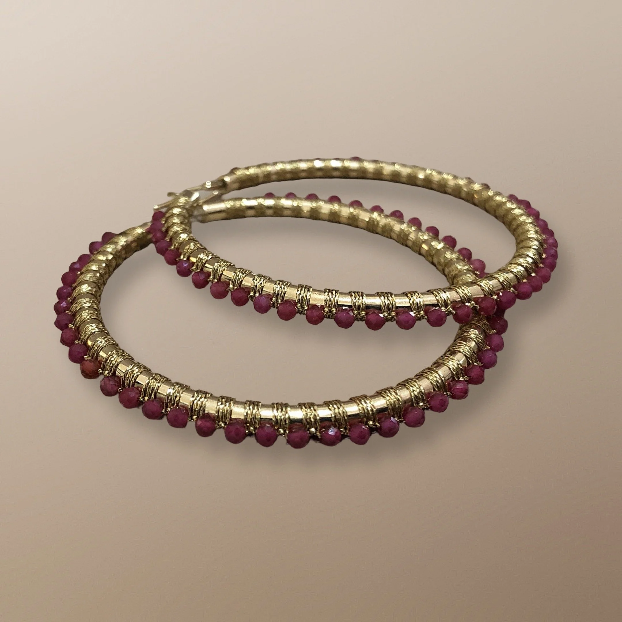 ENG100YG 14KT YELLOW GOLD HOOP HAND WOVEN WITH RUBIES 2.JPG