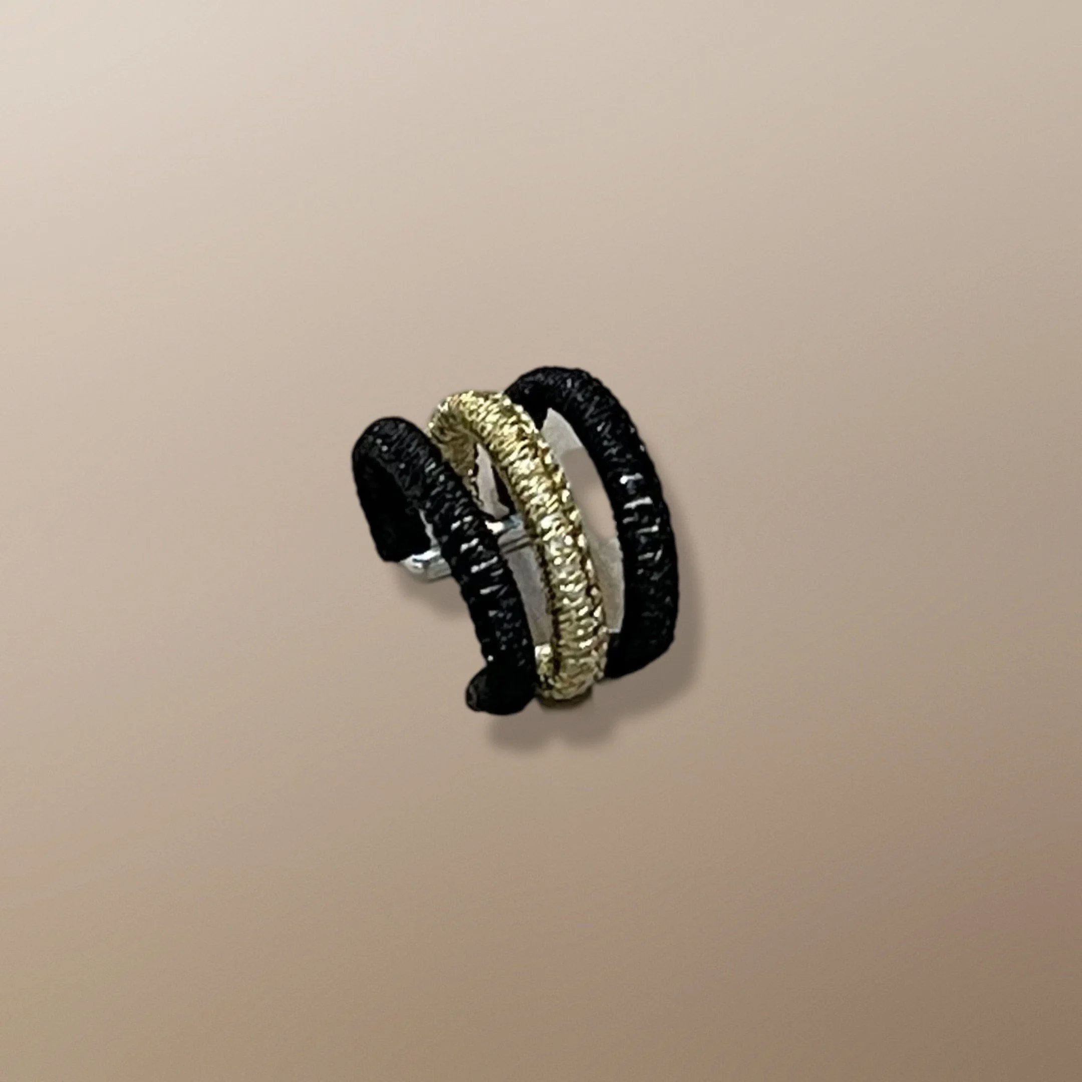 ECLR105 THREE ROW STERLING SILVER EAR CUFF HANDWOVEN WITH BLACK AND GOLD CORD
