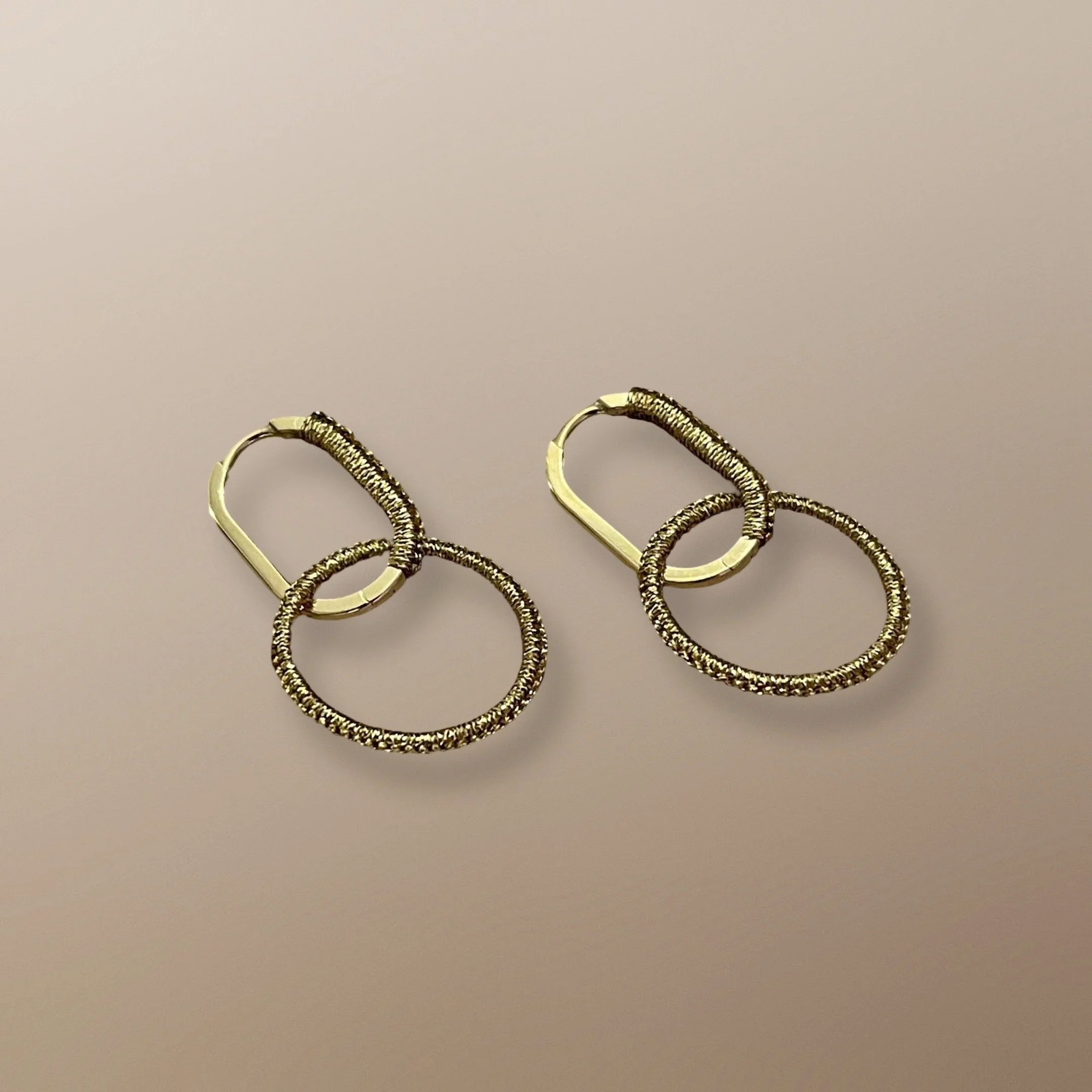 EBG101 14KT 20MM OVAL HOOPS HAND WOVEN WITH GOLD CORD, WITH HAND WOVEN 14KT  17.4MM CIRCLE CHARMS
