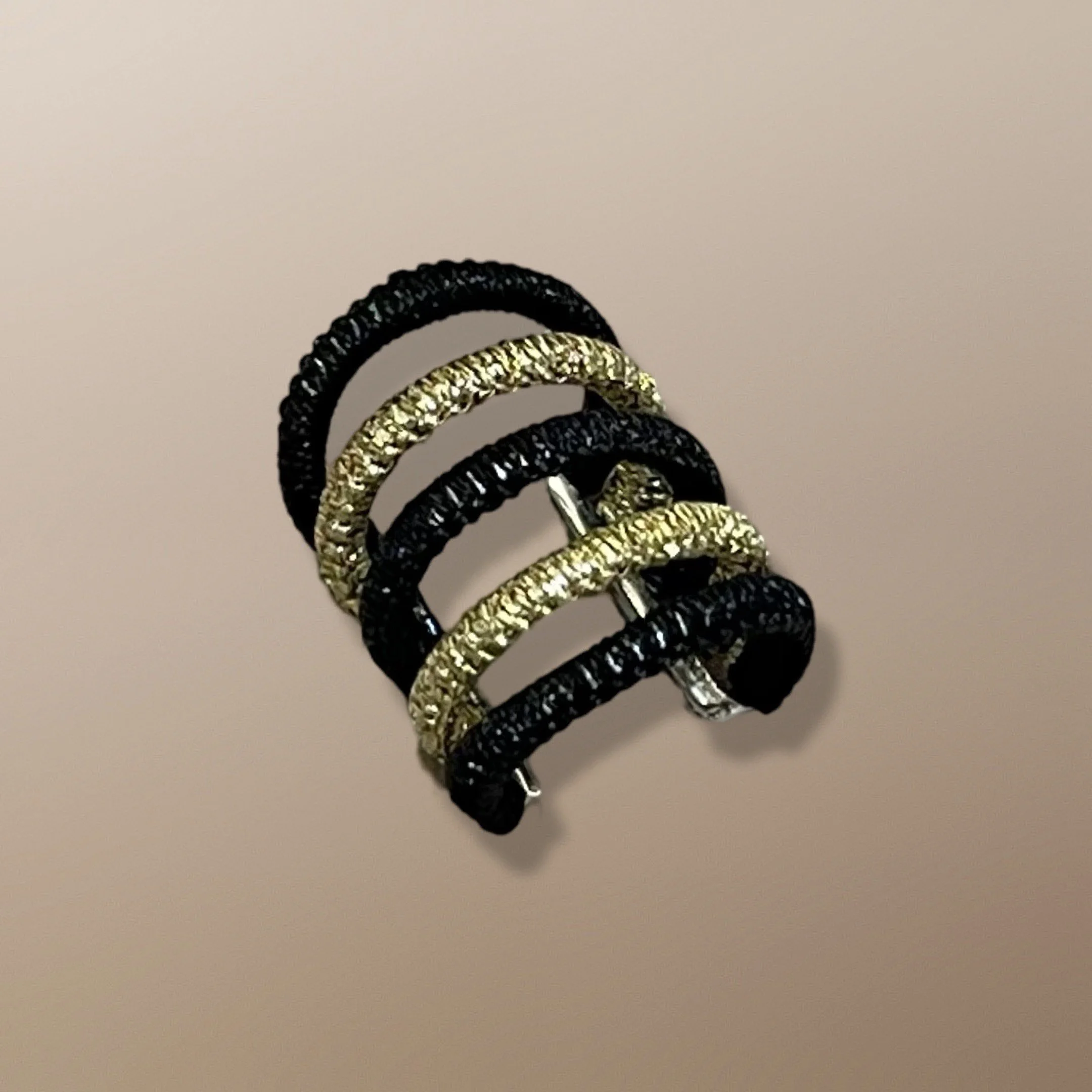 ECLR103 FIVE ROW STERLING SILVER EAR CUFF HANDWOVEN WITH BLACK AND GOLD CORD.
