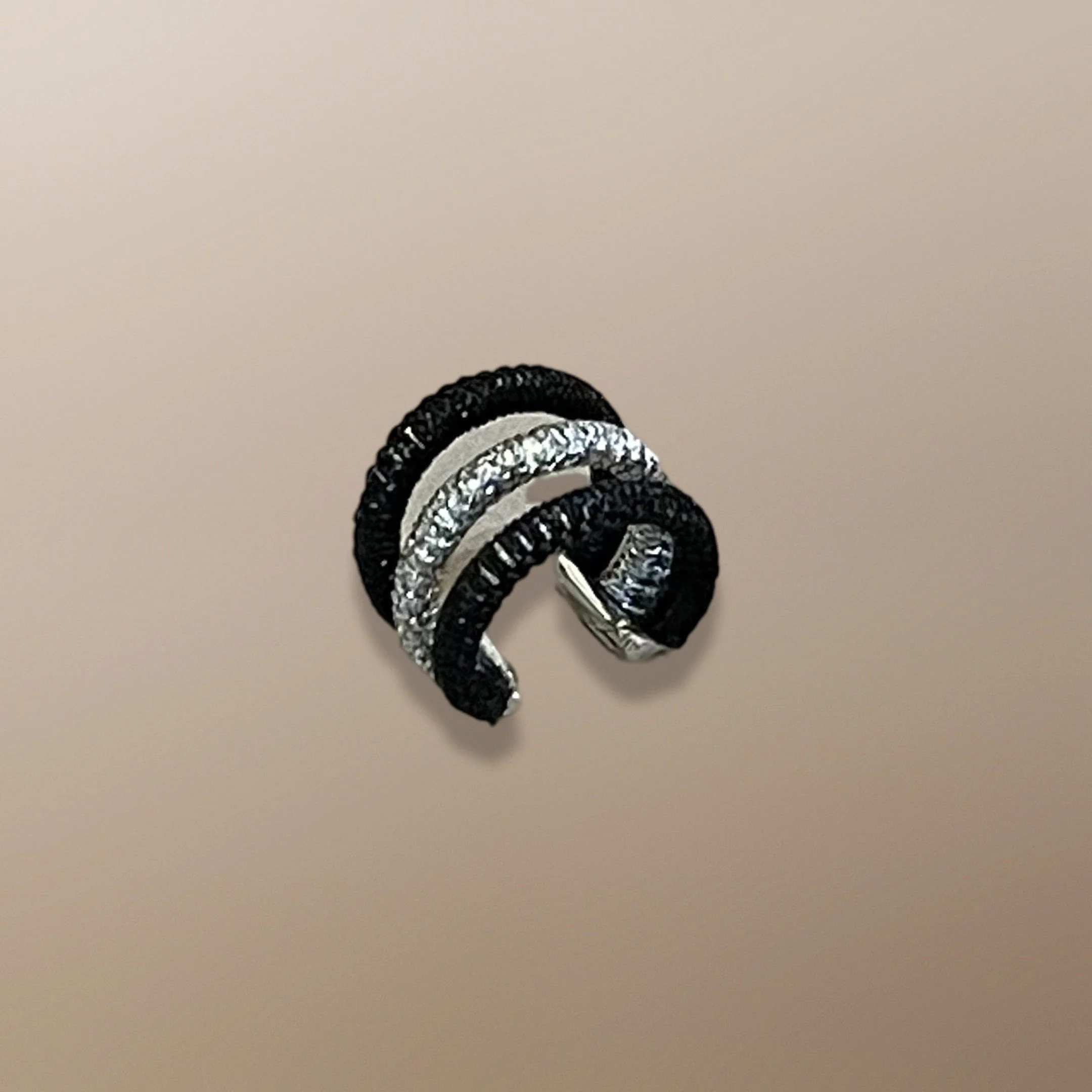 ECLR106 THREE ROW STERLING SILVER EAR CUFF HANDWOVEN WITH BLACK AND SILVER CORD